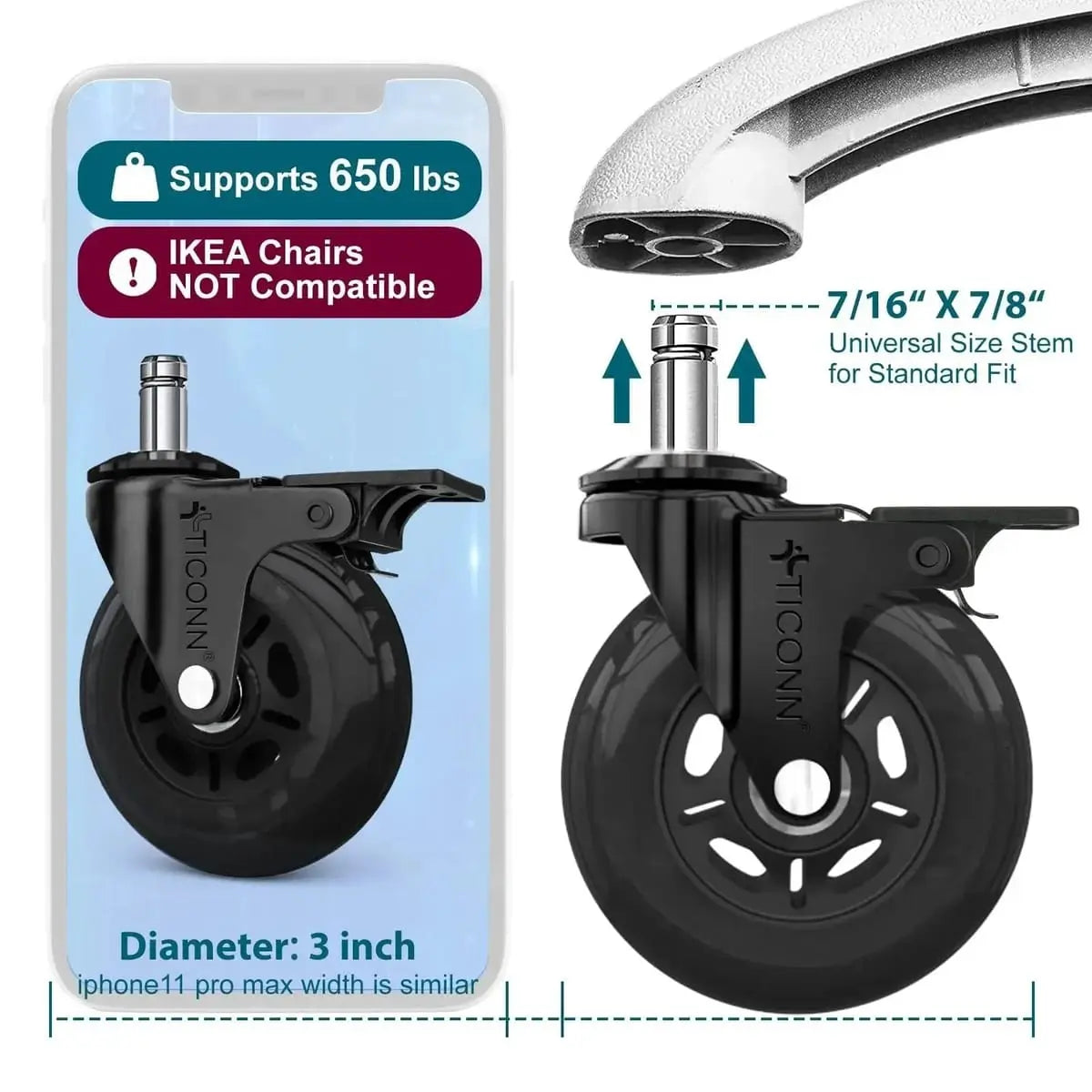 Office Chair Caster Wheels Quiet 3 Inch Polyurethane Universal Stem Platinum-Level Office Chairs