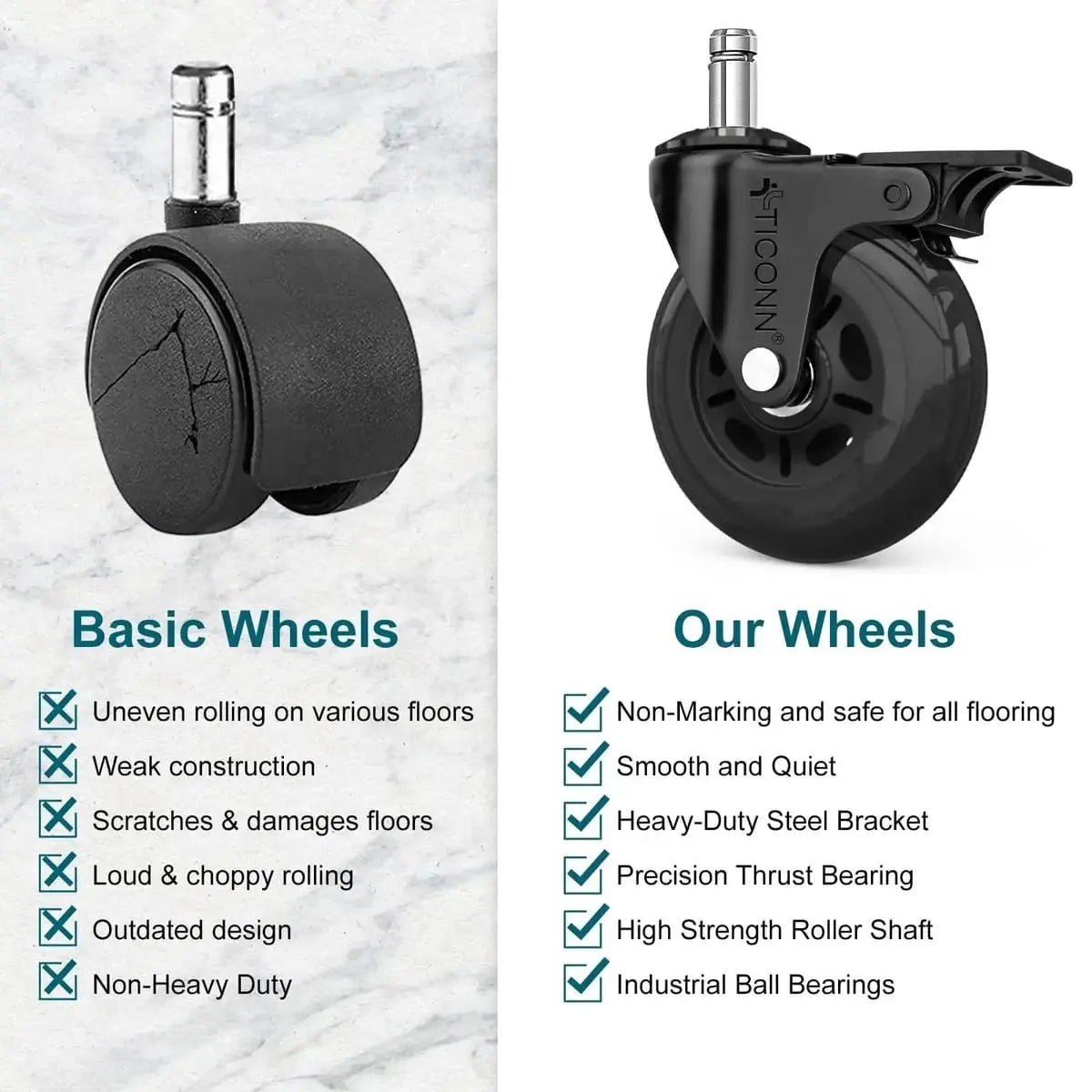 Office Chair Caster Wheels Quiet 3 Inch Polyurethane Universal Stem Platinum-Level Office Chairs