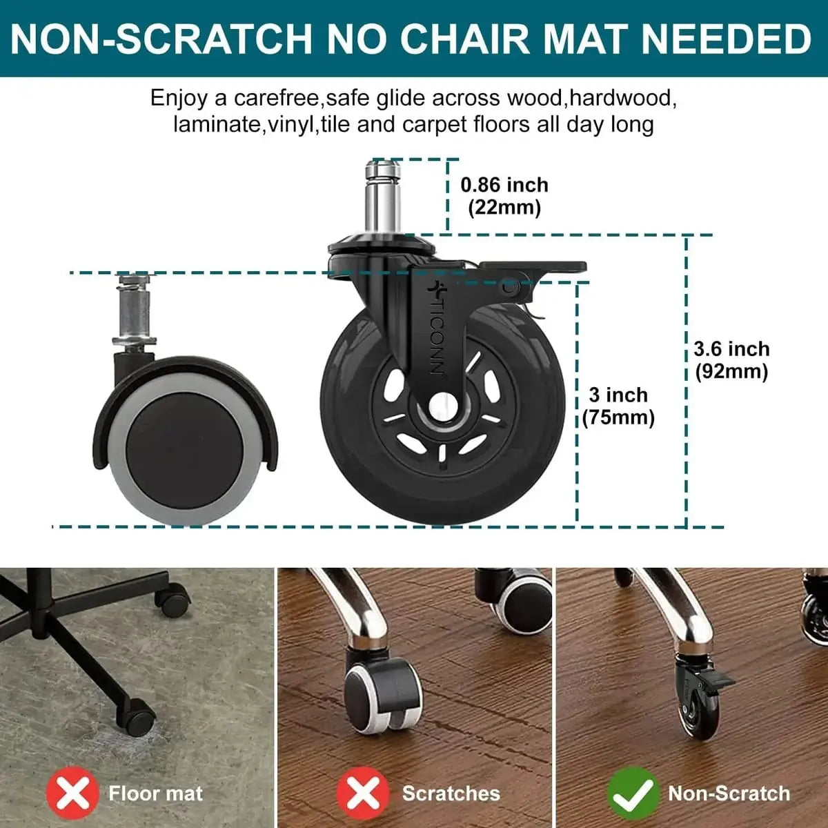 Office Chair Caster Wheels Quiet 3 Inch Polyurethane Universal Stem Platinum-Level Office Chairs