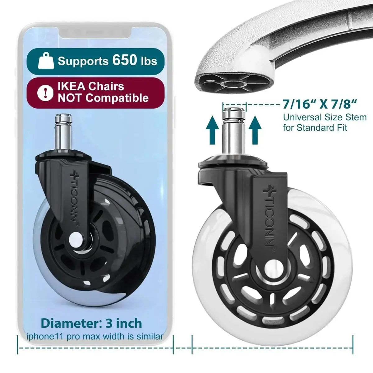 Office Chair Caster Wheels Quiet 3 Inch Polyurethane Universal Stem Platinum-Level Office Chairs