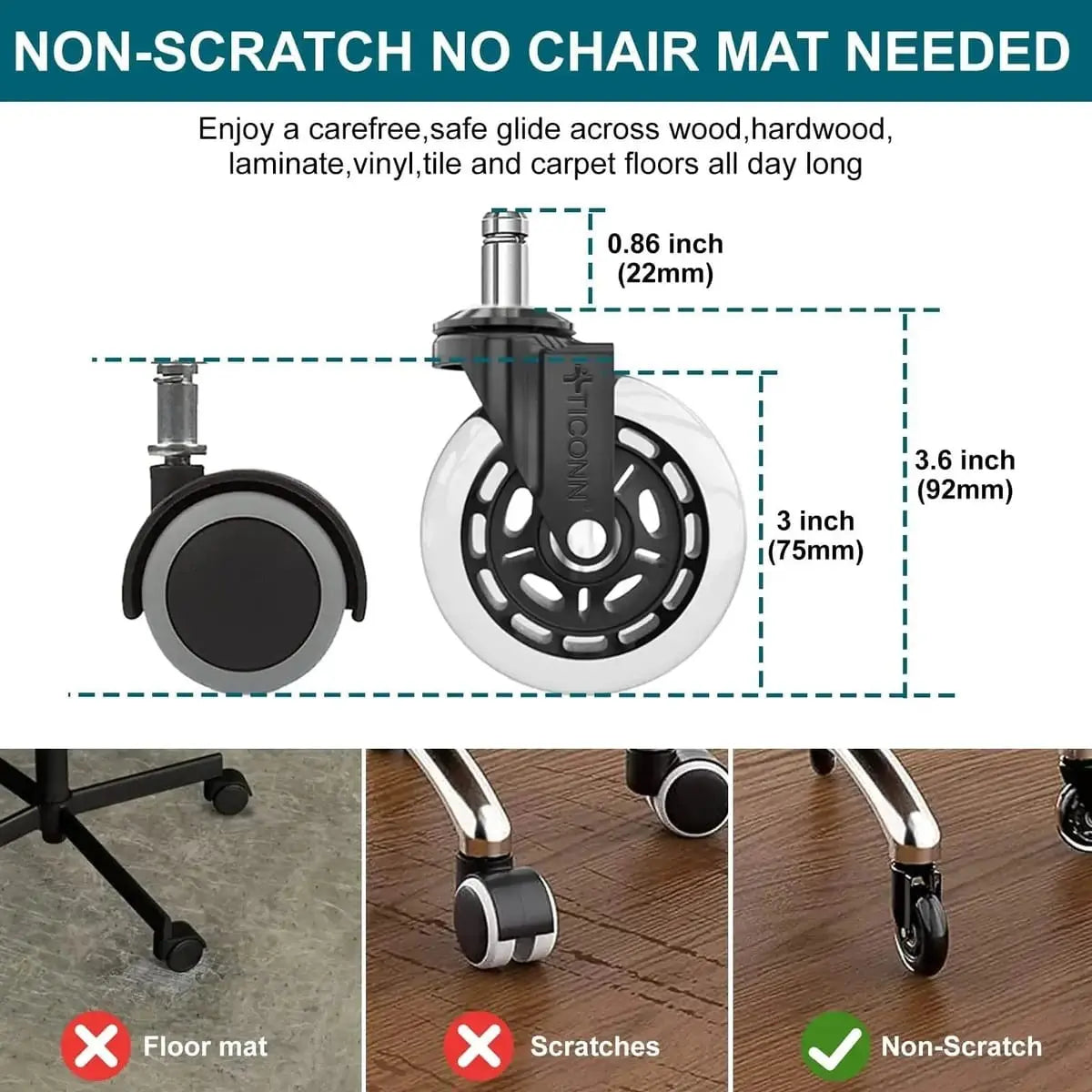 Office Chair Caster Wheels Quiet 3 Inch Polyurethane Universal Stem Platinum-Level Office Chairs