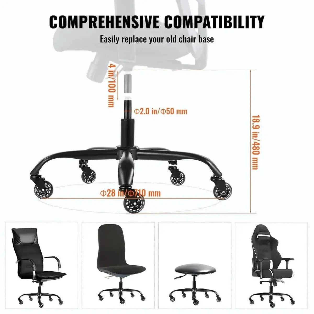 Black 28-inch heavy-duty office chair base replacement for home use, compatible with Platinum-Level Office Chairs.