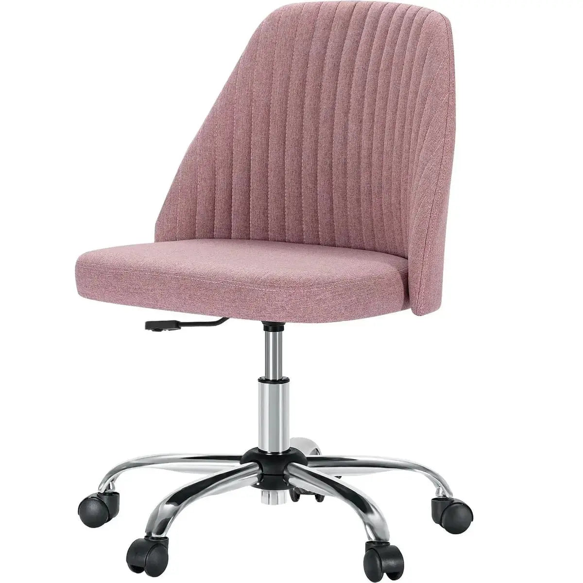 Pink fabric armless swivel task chair with wheels, designed for home office use, by Platinum-Level Office Chairs.
