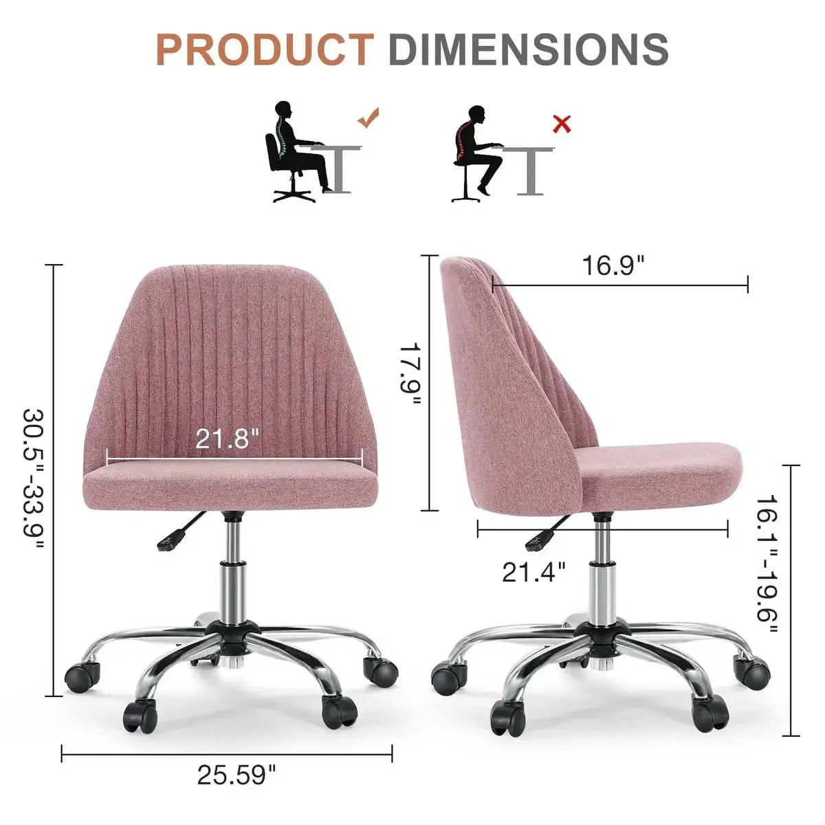 Pink fabric armless swivel office chair with wheels, designed for home office use by Platinum-Level Office Chairs.