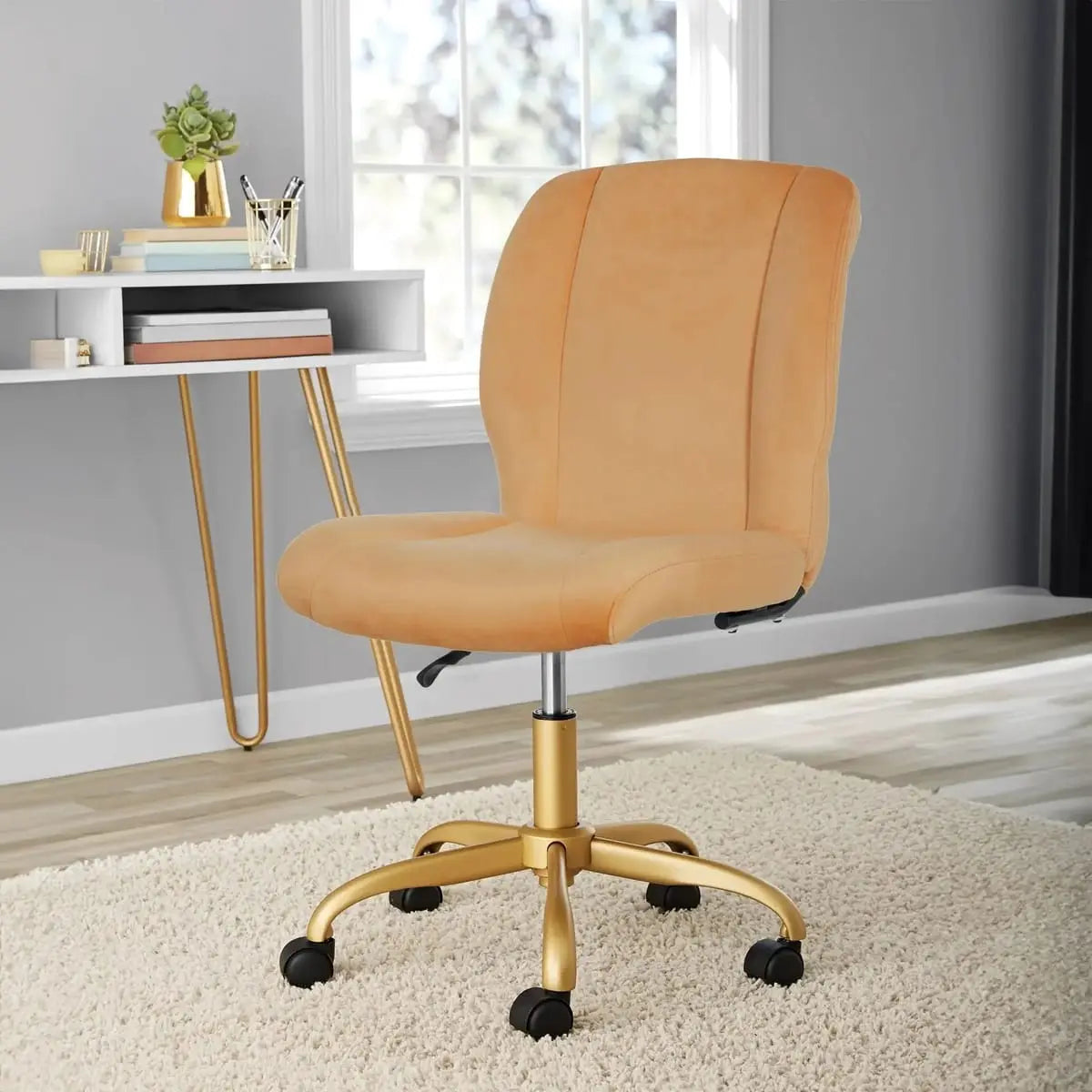 Luxurious plush velvet task chair by Platinum-Level Office Chairs with ergonomic design and adjustable gold base for home workspace.
