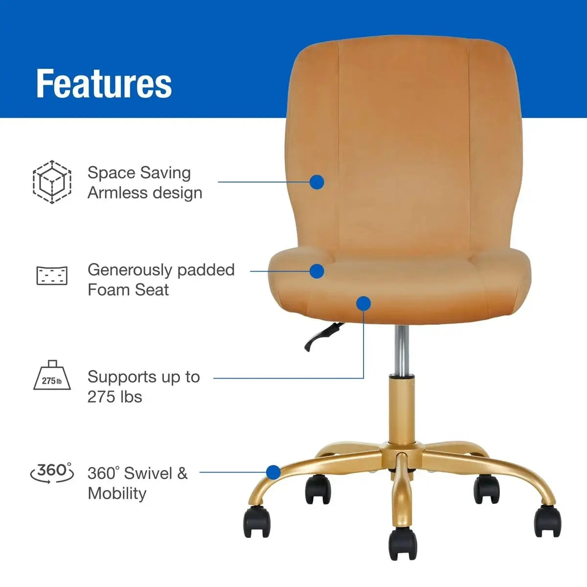 Luxurious plush velvet task chair with ergonomic design and adjustable gold base, ideal for stylish home office spaces.