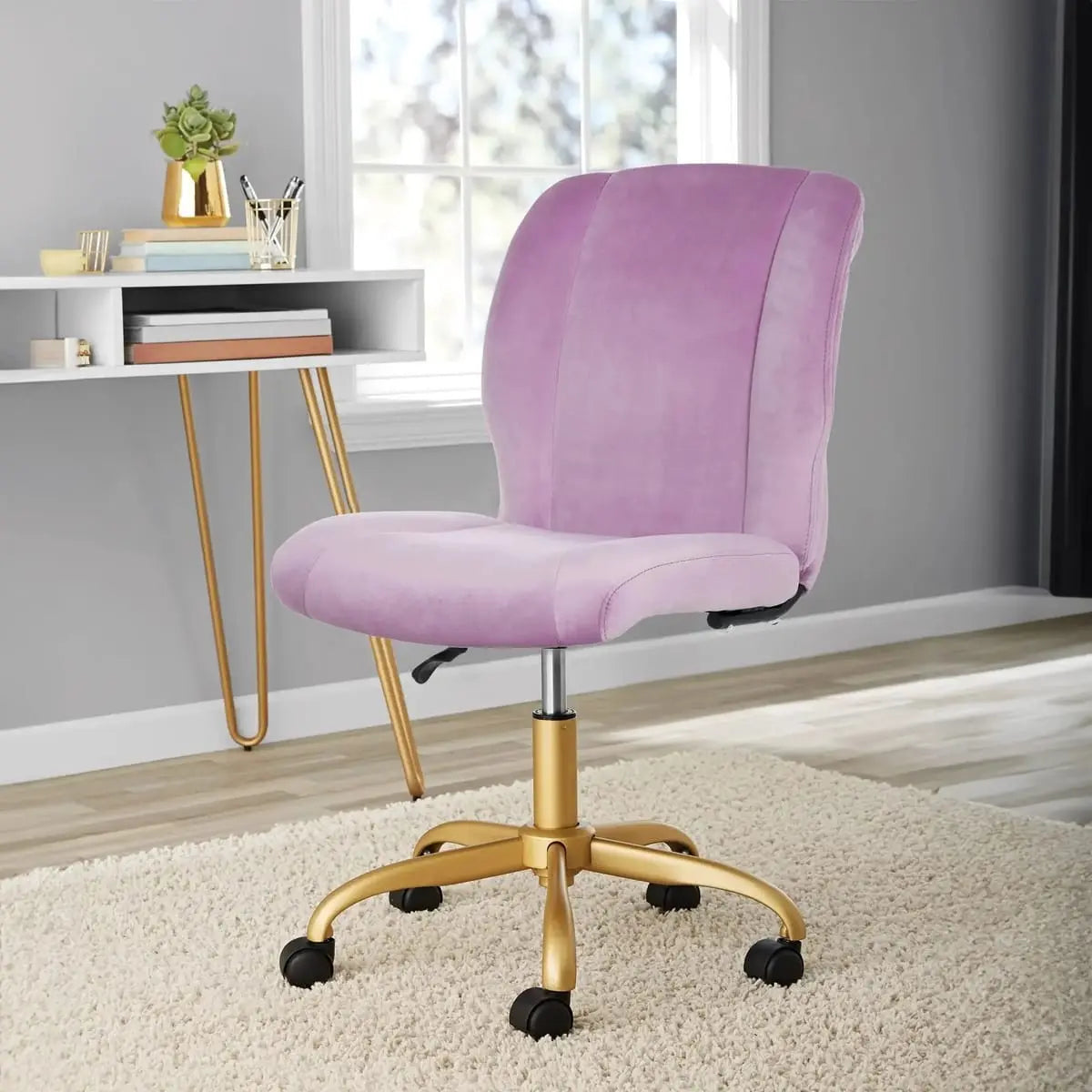 Luxurious plush velvet task chair by Platinum-Level Office Chairs with ergonomic design and adjustable gold base for home workspace.