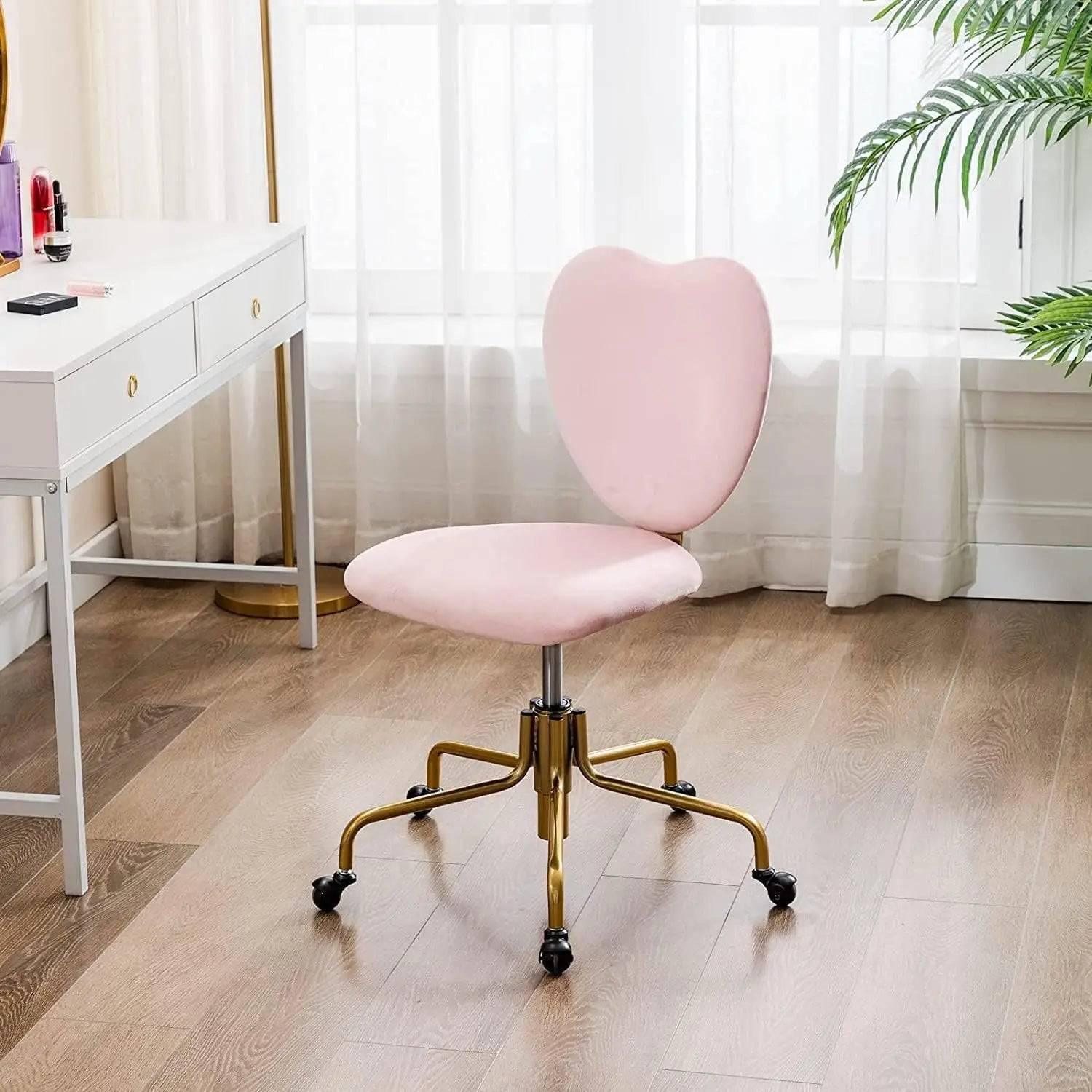 Chic Pink Velvet Heart Back Swivel Desk Chair with Wheels - Adjustable Home Office and Vanity Task Chair - Platinum-Level Office Chairs
