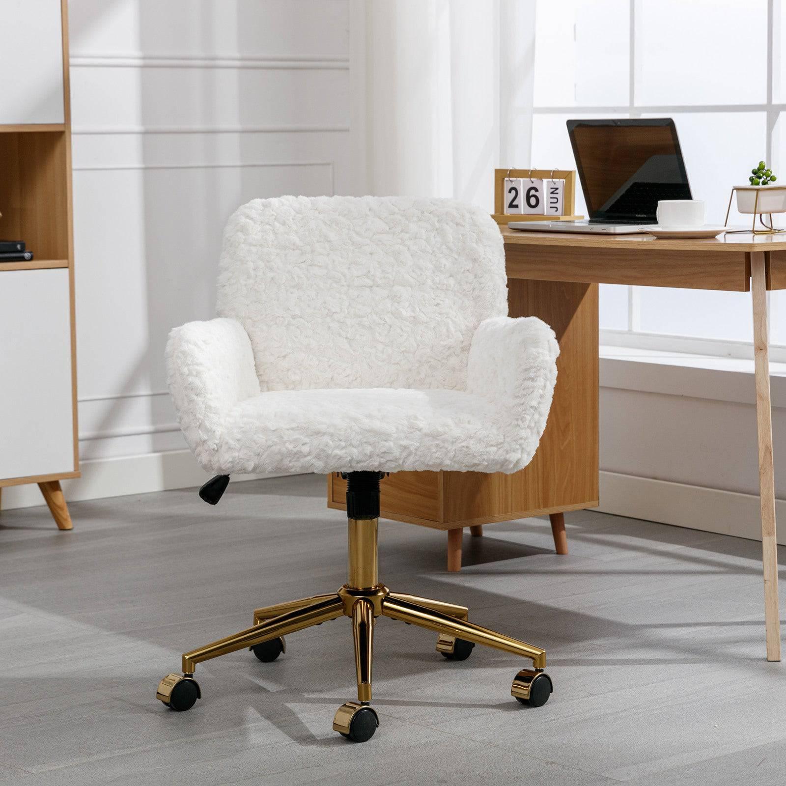 Beige Velvet Office Chair with Golden Base, Adjustable Swivel Design and Reclining Feature - Platinum-Level Office Chairs