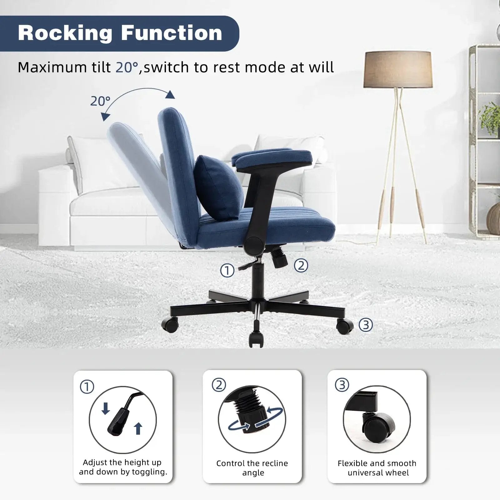 Blue velvet office chair with armrests and memory foam cushioning by Platinum-Level Office Chairs, designed for home office comfort.