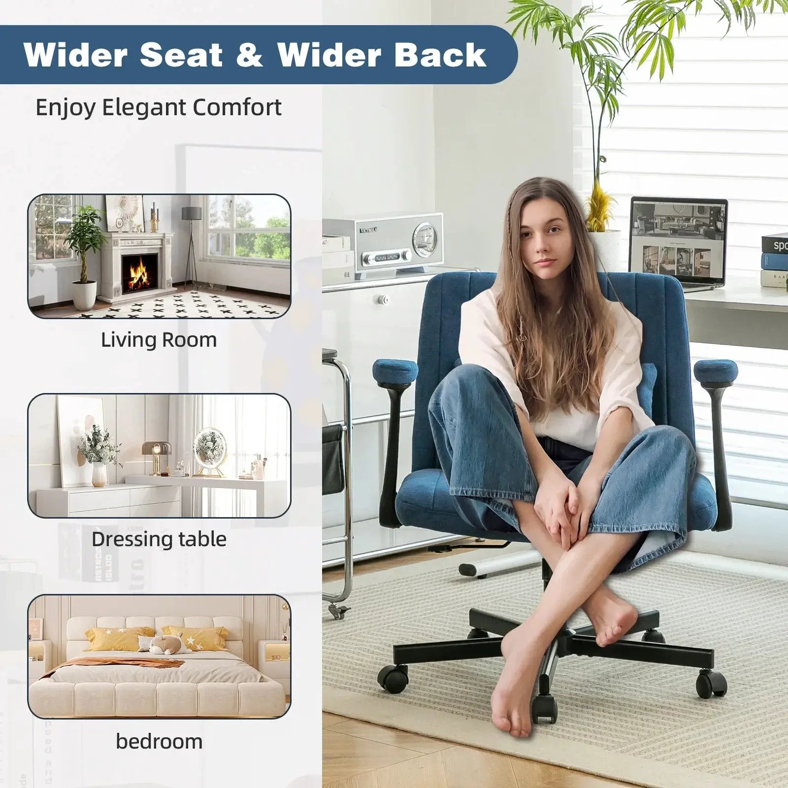 Blue velvet office chair with armrests and memory foam from Platinum-Level Office Chairs, ideal for home office comfort.