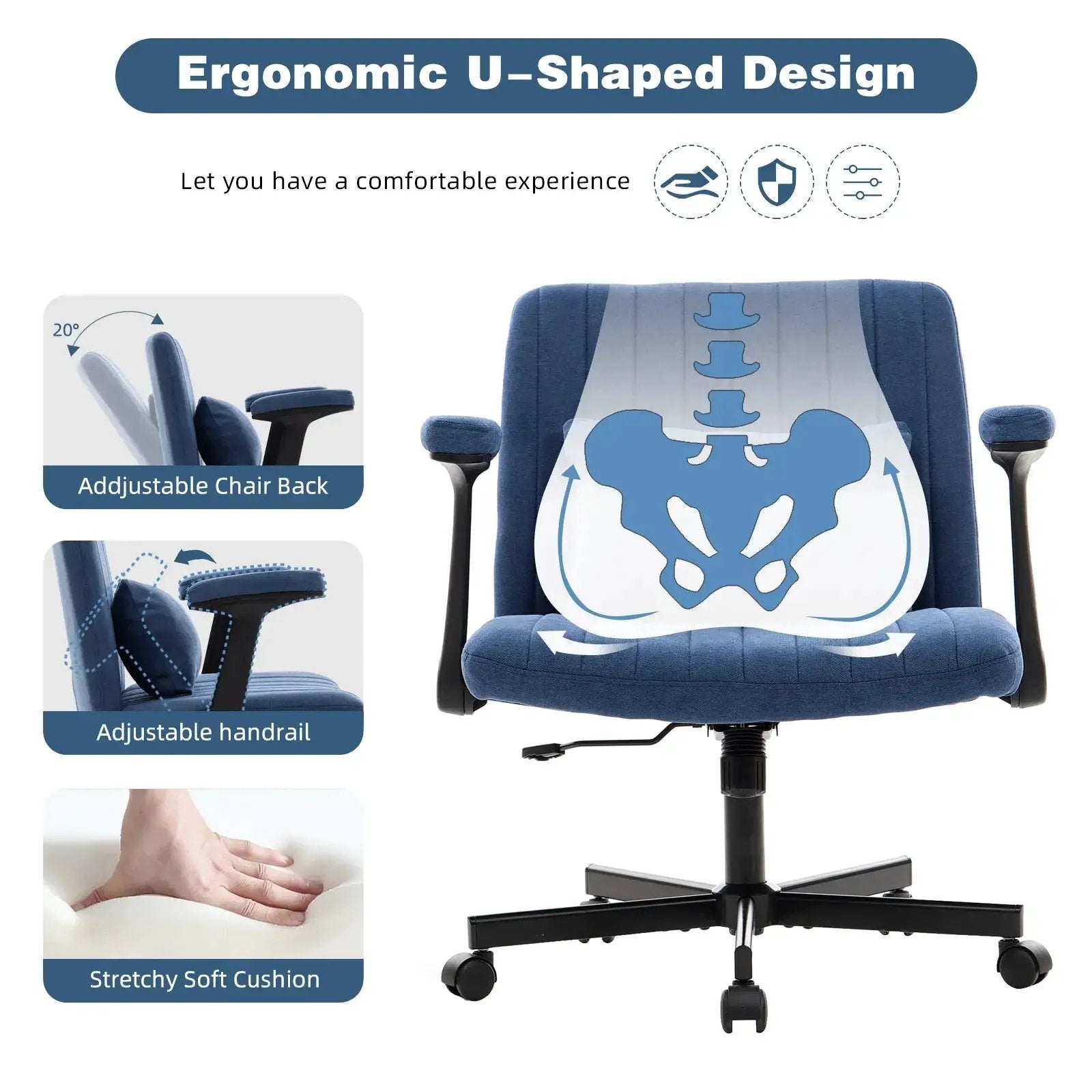 Blue velvet office chair with armrests and memory foam, by Platinum-Level Office Chairs, designed for comfortable home office seating.