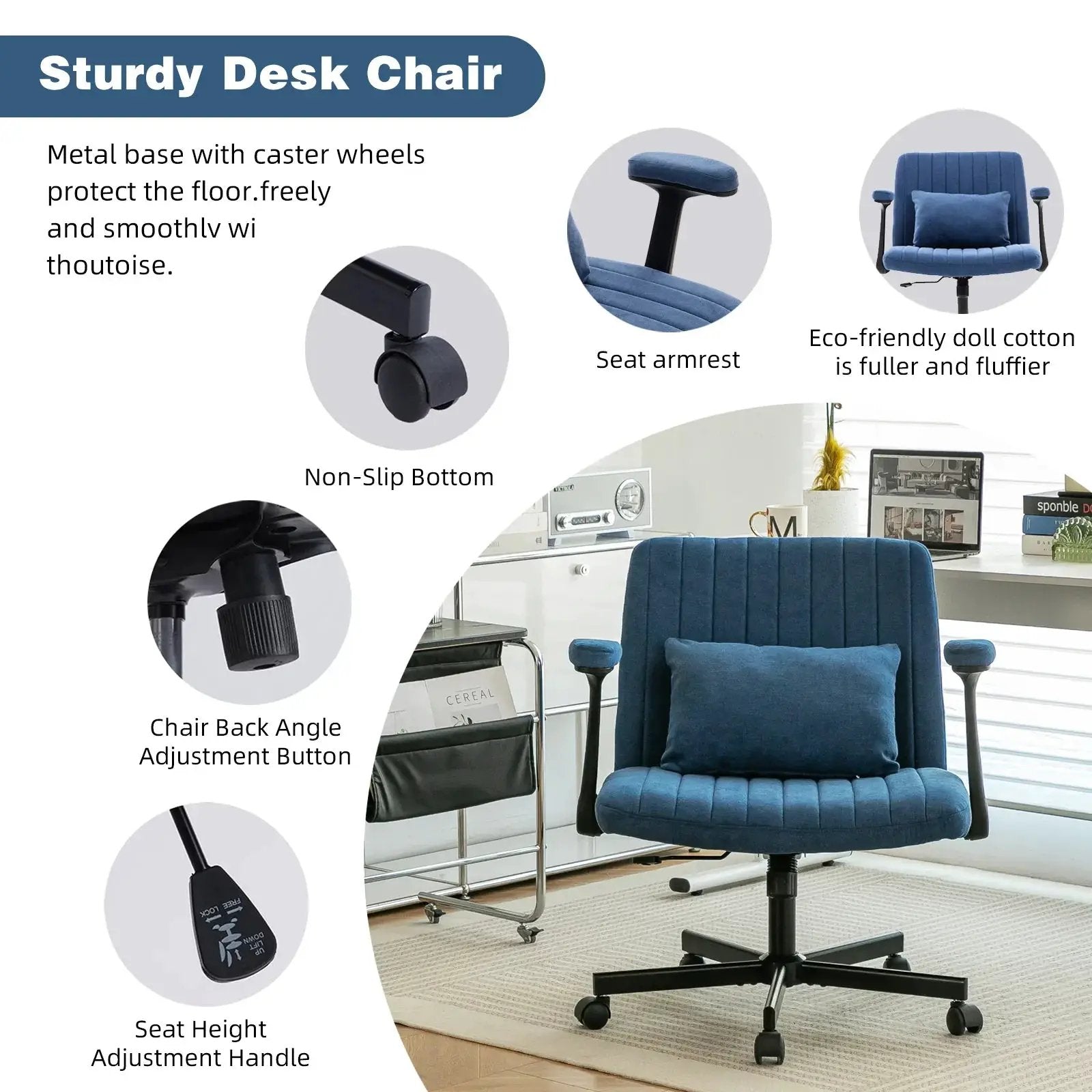 Blue velvet office chair with armrests and memory foam cushioning from Platinum-Level Office Chairs, ideal for home office comfort.