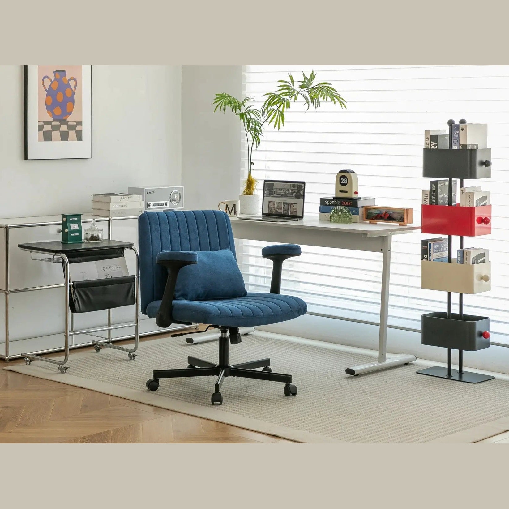 Blue velvet office chair with armrests and memory foam cushion, by Platinum-Level Office Chairs, designed for comfortable home office use.