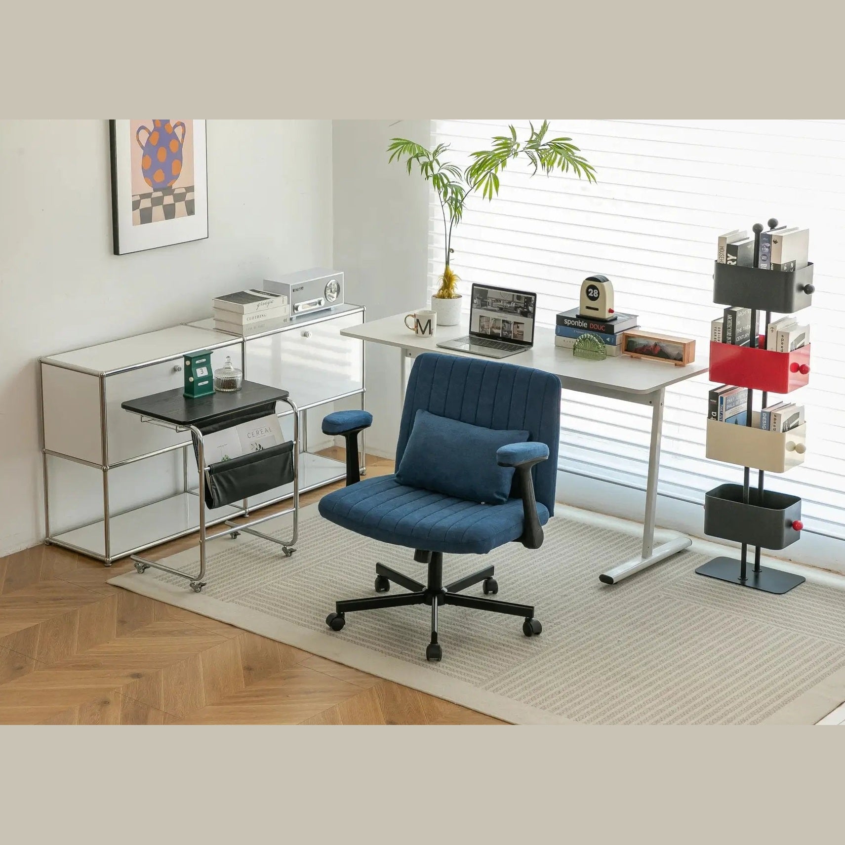 Blue velvet office chair with armrests and memory foam by Platinum-Level Office Chairs, ideal for home office comfort.