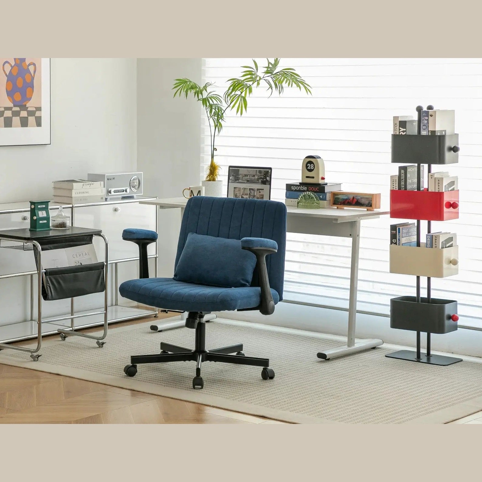 Blue velvet office chair with armrests and memory foam from Platinum-Level Office Chairs, designed for comfortable home office seating.