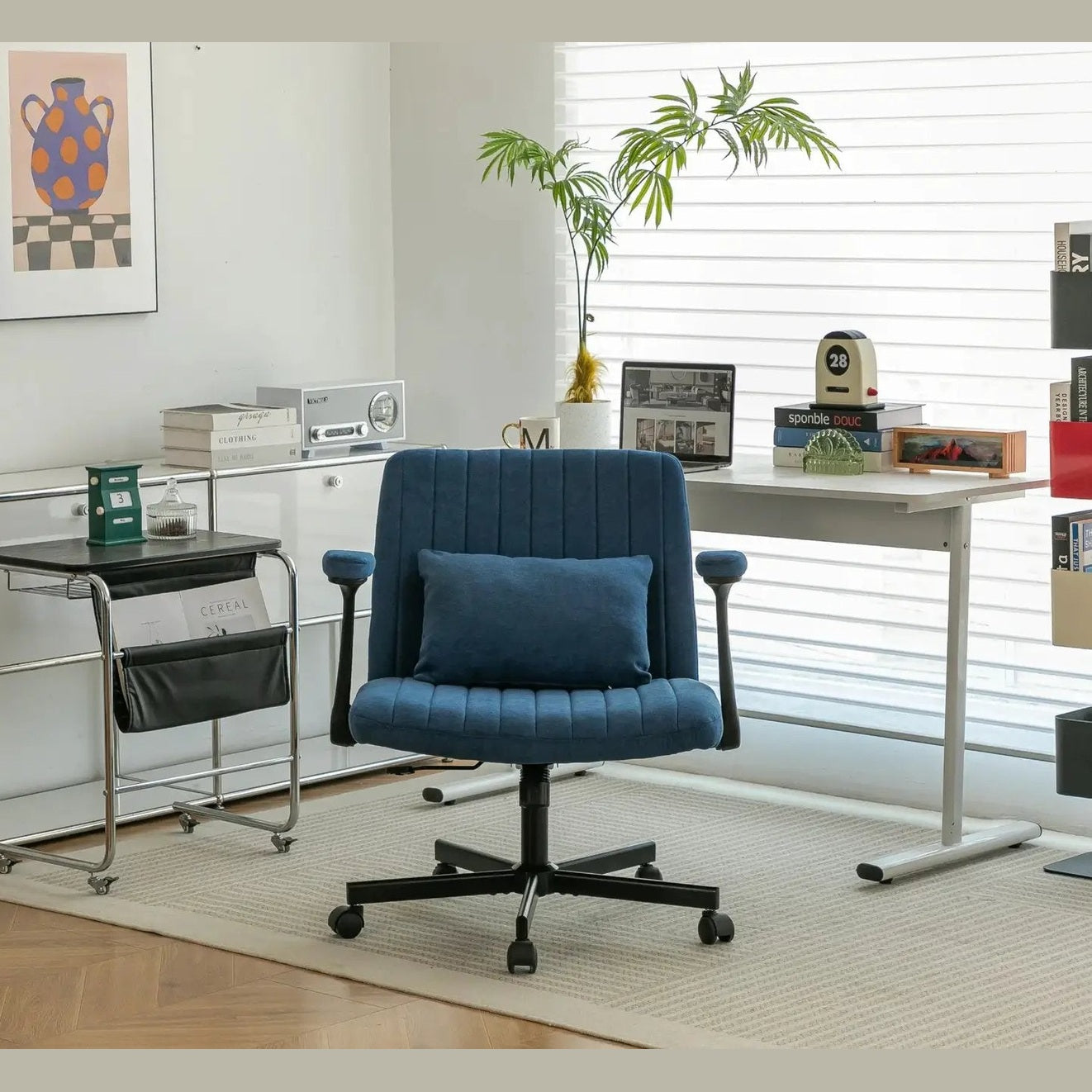 Blue velvet office chair with armrests and memory foam from Platinum-Level Office Chairs, designed for comfortable home office seating.