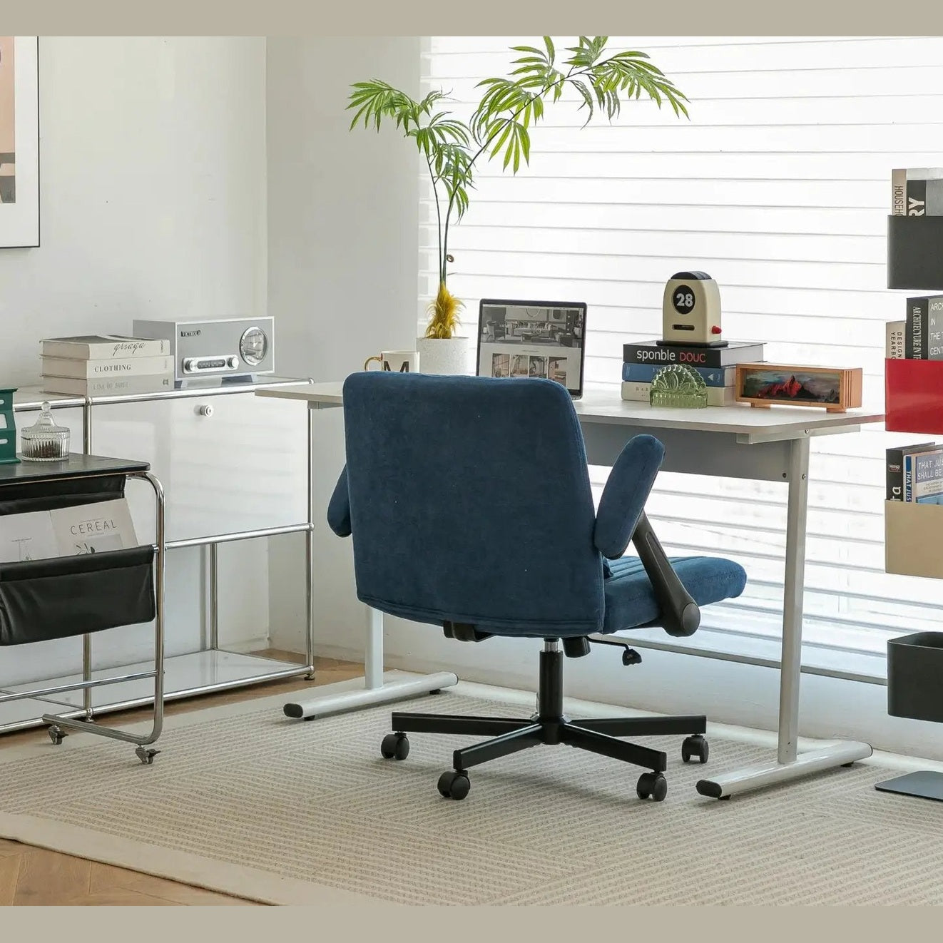 Blue velvet office chair with armrests and memory foam from Platinum-Level Office Chairs, designed for comfortable home office seating.