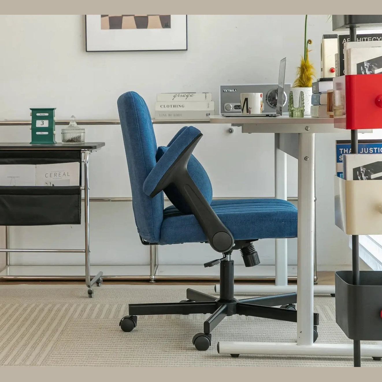 Blue velvet office chair with armrests and memory foam from Platinum-Level Office Chairs, designed for comfortable home office seating.