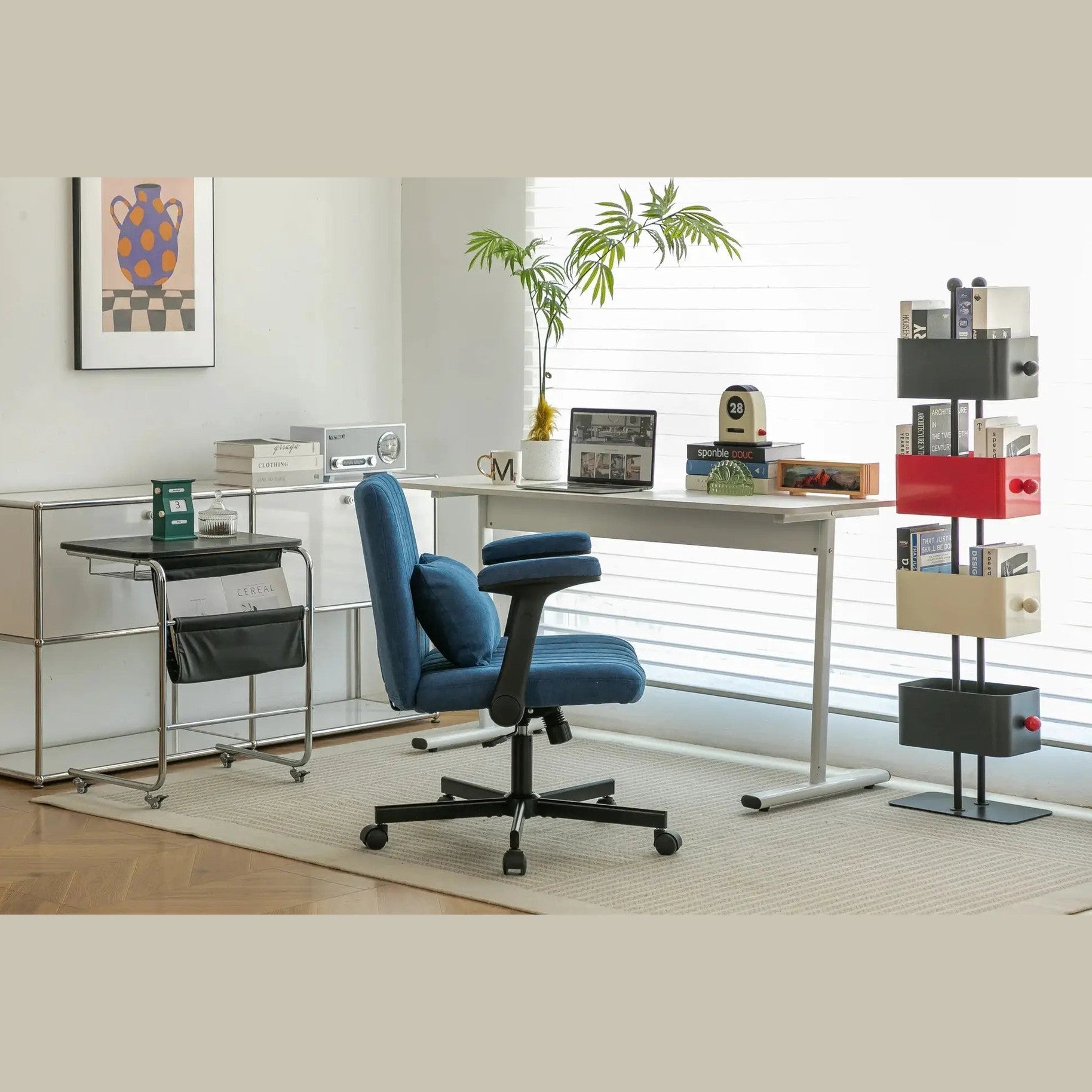 Blue velvet office chair with armrests and memory foam cushion from Platinum-Level Office Chairs, designed for comfortable home office seating.