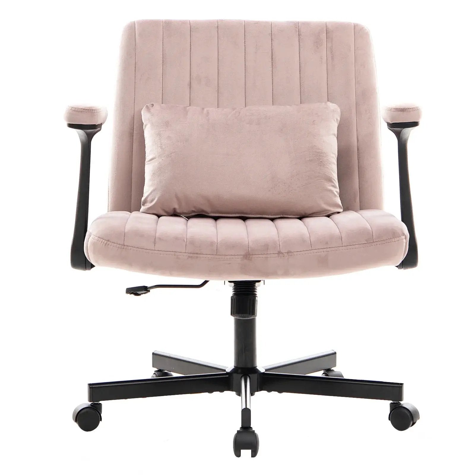 Dark pink velvet office chair with criss-cross armrests, wheels, and memory foam cushion by Platinum-Level Office Chairs.