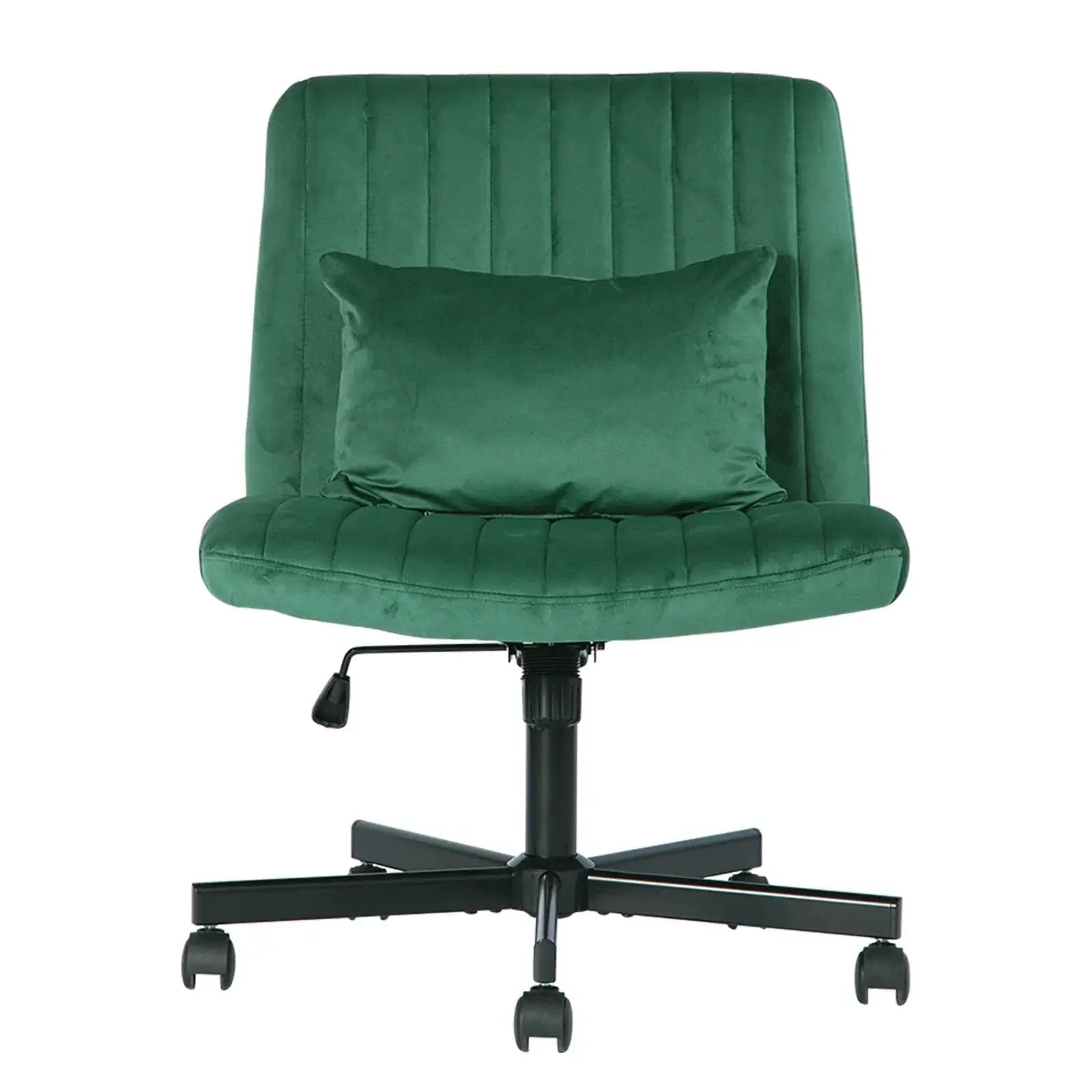 Green velvet armless office chair with criss-cross design, wheels, and ergonomic support by Platinum-Level Office Chairs.