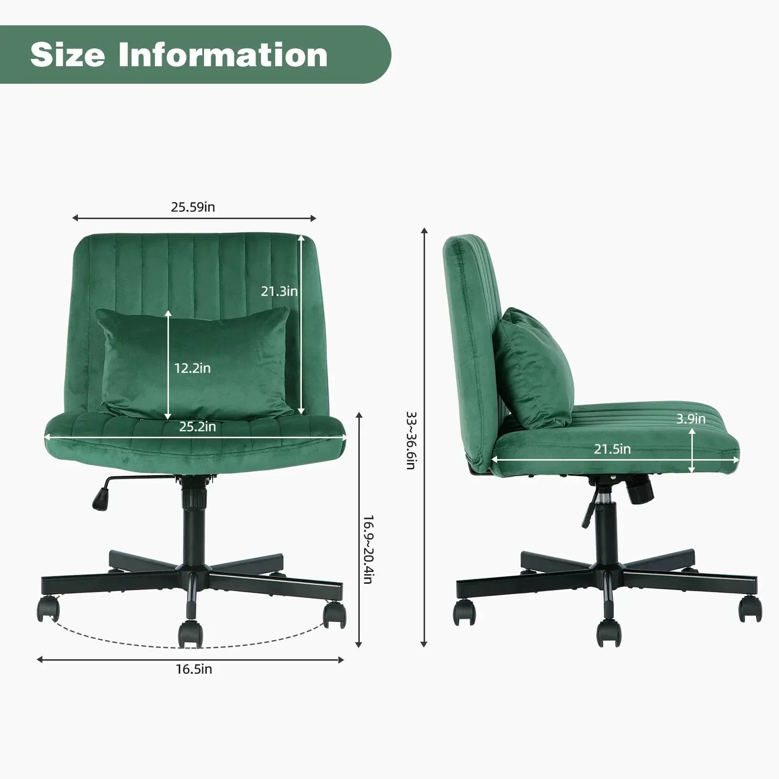 Green velvet office chair by Platinum-Level Office Chairs with criss-cross design, armless, ergonomic, and wheeled for office comfort.