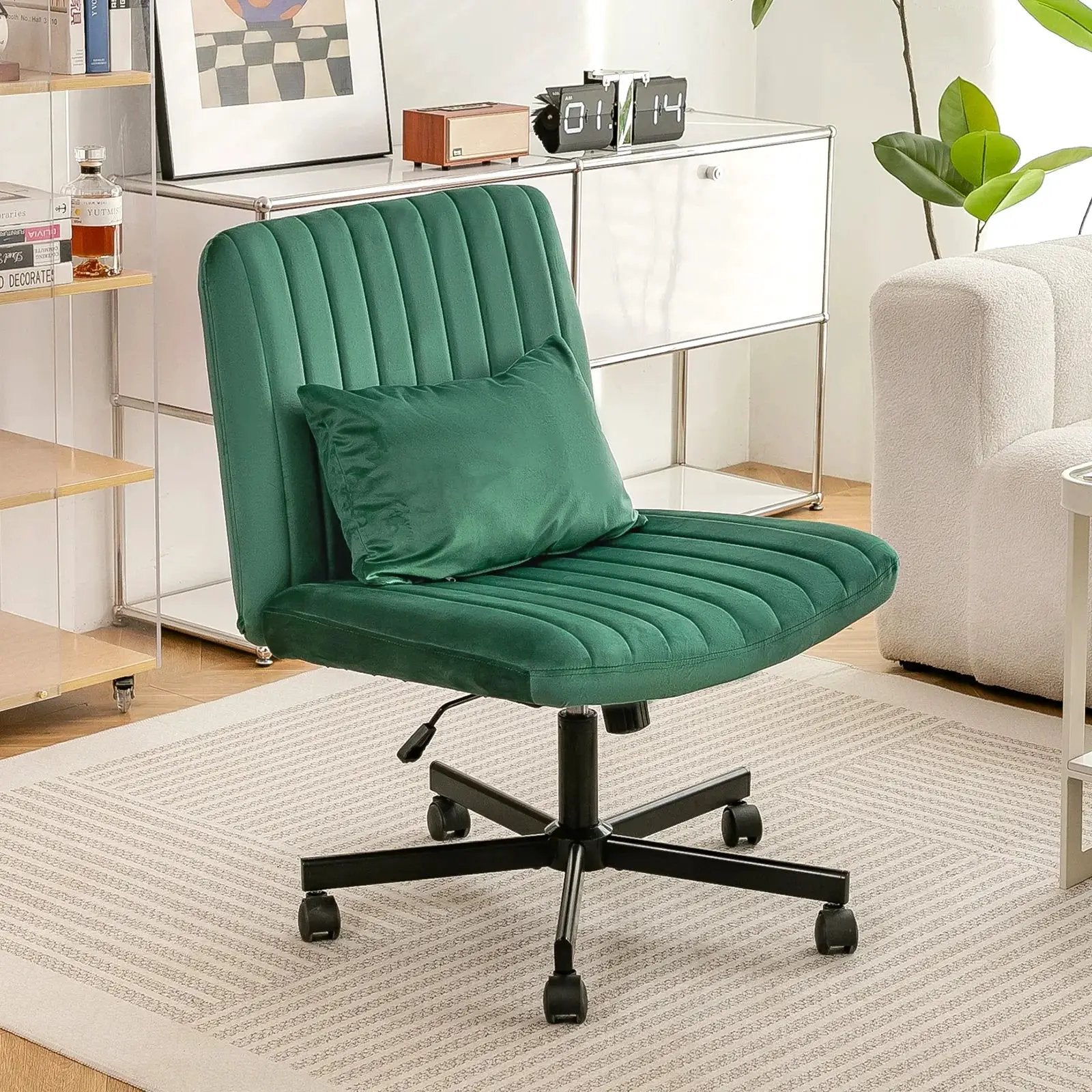 Green velvet criss-cross armless office chair with wheels by Platinum-Level Office Chairs, ergonomic design, suitable for modern office spaces.