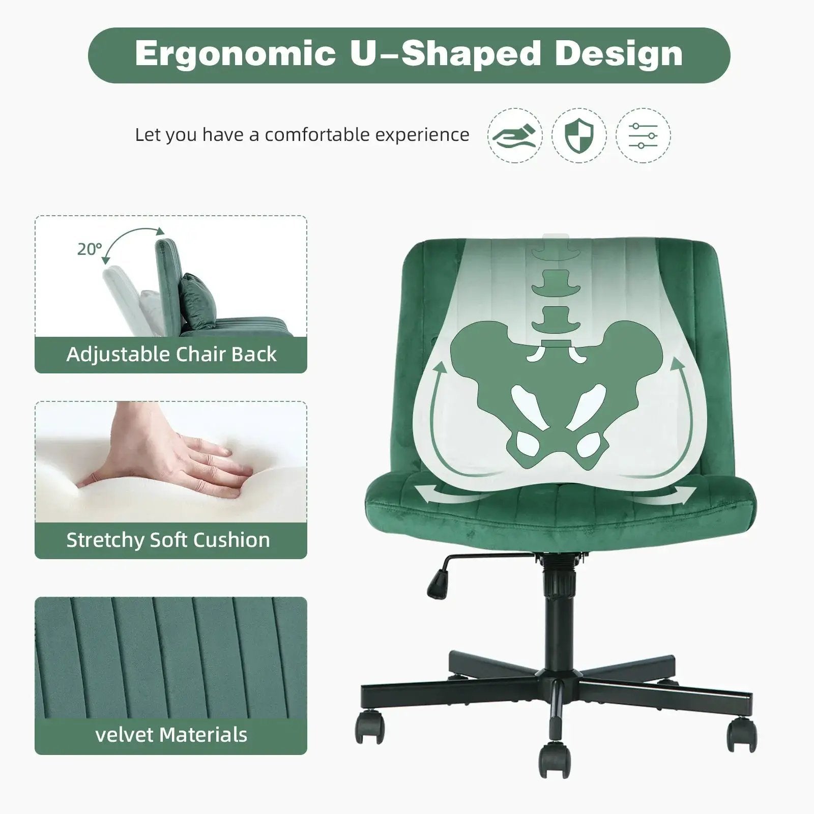 Green velvet criss-cross armless office chair with wheels, ergonomic design from Platinum-Level Office Chairs.