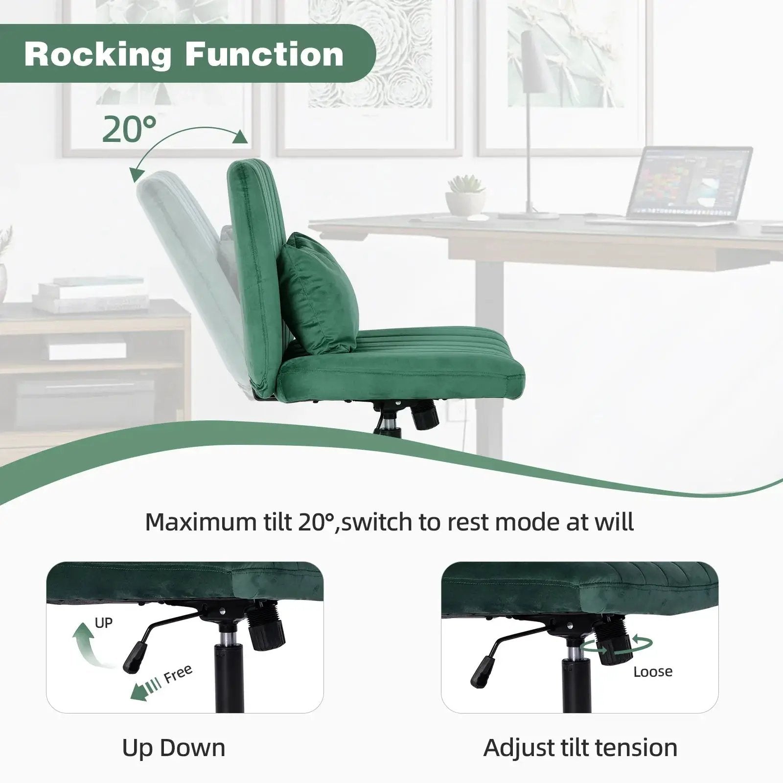 Green velvet ergonomic office chair with criss-cross design, armless style, wheels, and modern look by Platinum-Level Office Chairs.