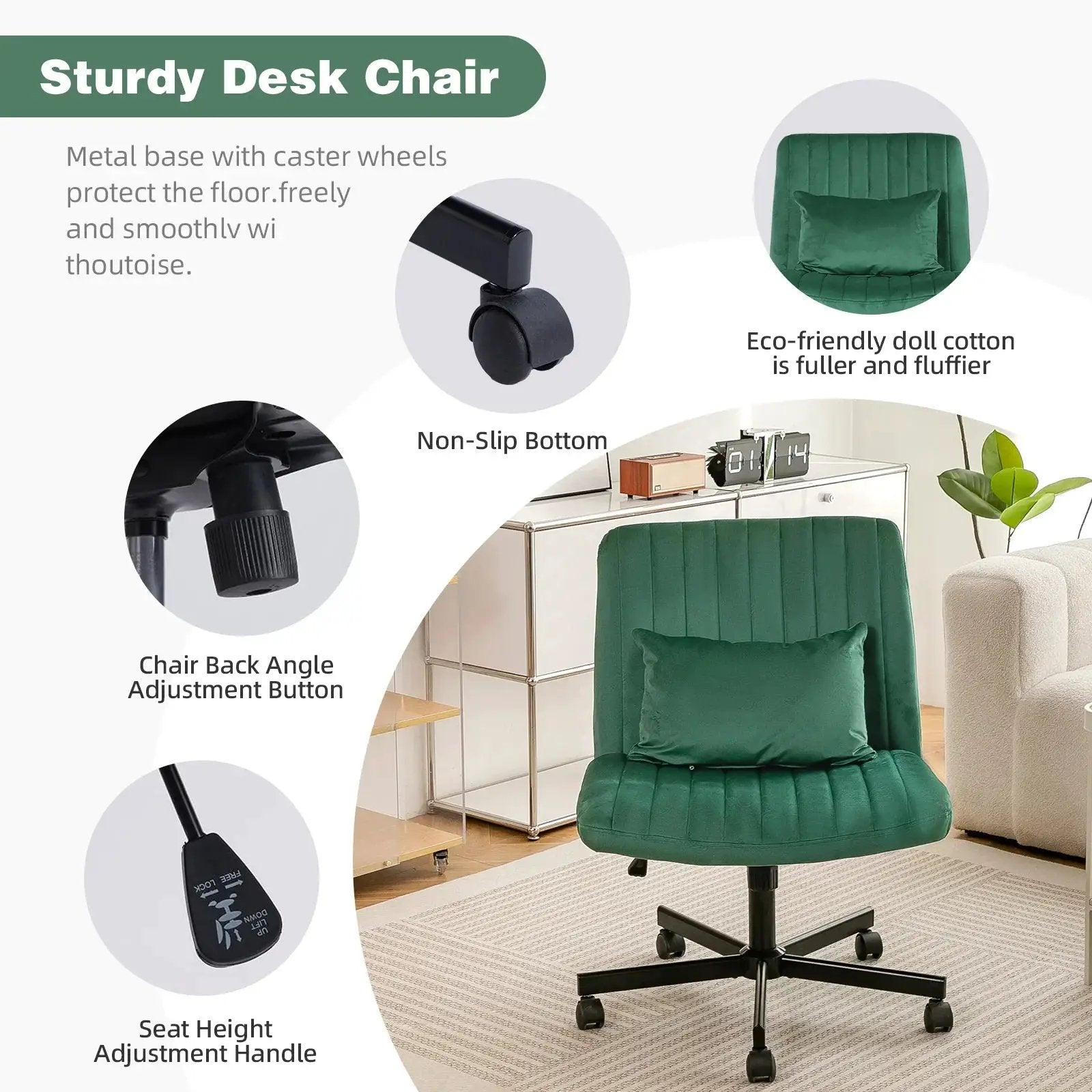 Green velvet armless office chair with criss-cross design, ergonomic shape, wheels, and Platinum-Level Office Chairs branding.