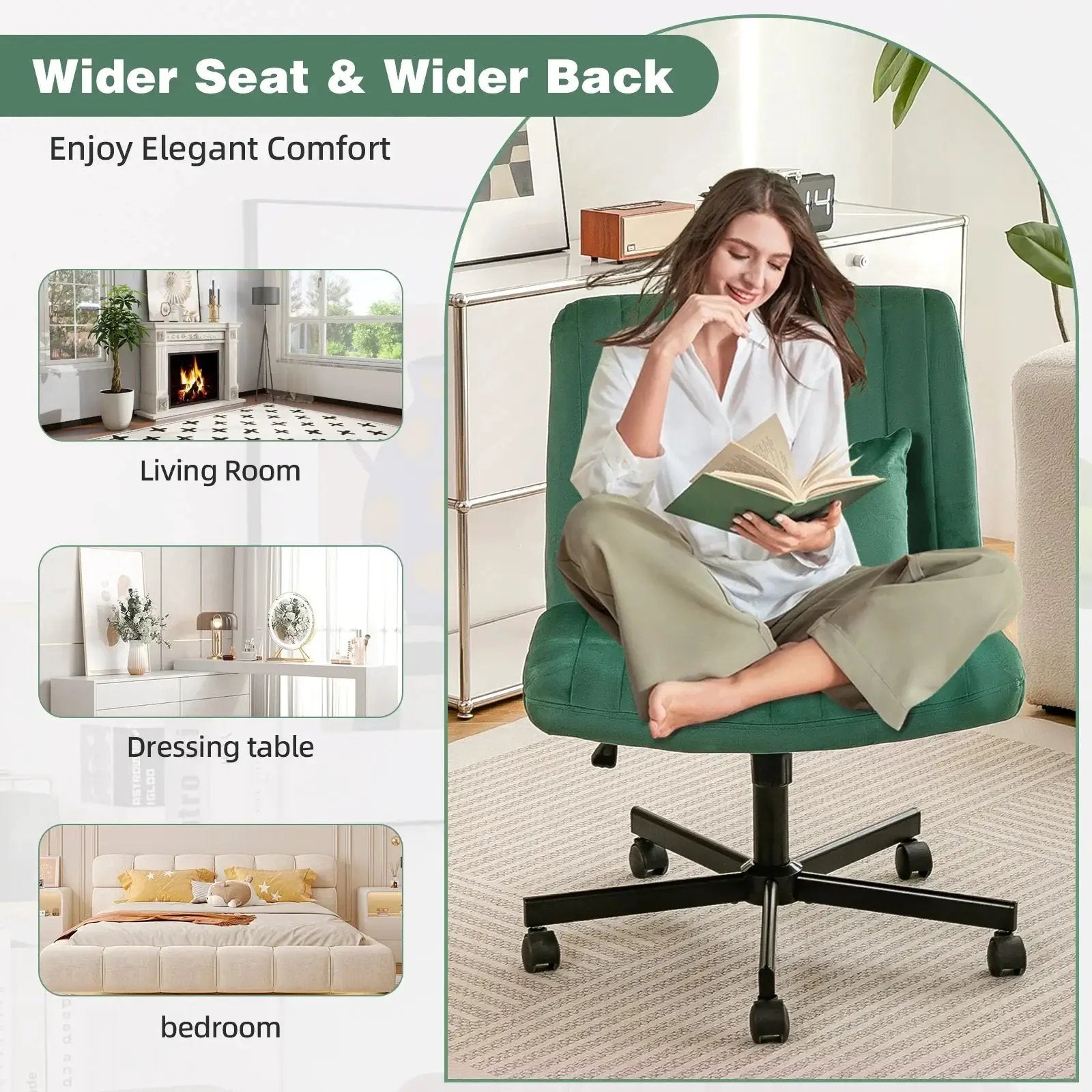 Green velvet armless office chair with criss-cross back, wheels, and ergonomic design by Platinum-Level Office Chairs.