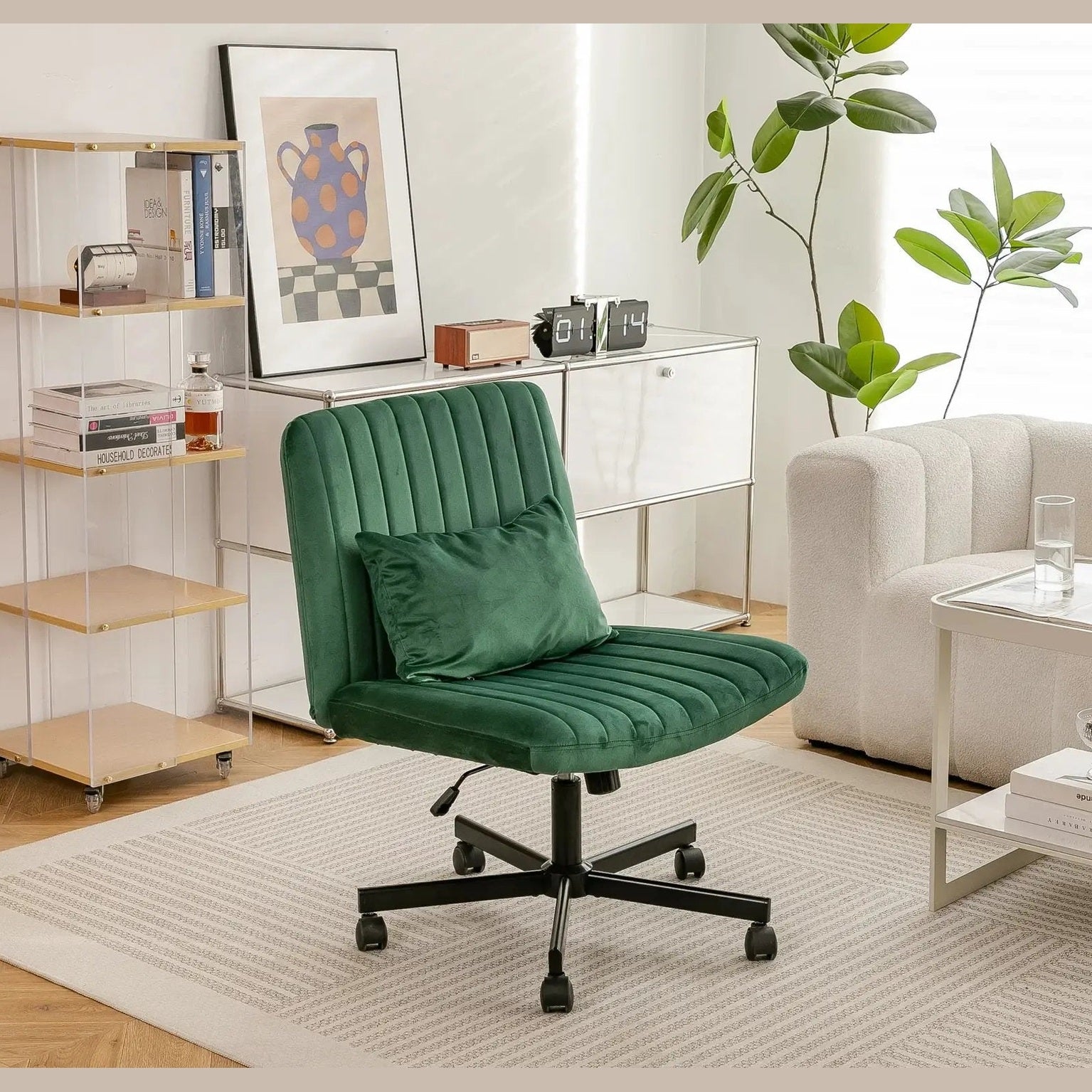 Green velvet criss-cross armless office chair with wheels, ergonomic design by Platinum-Level Office Chairs.