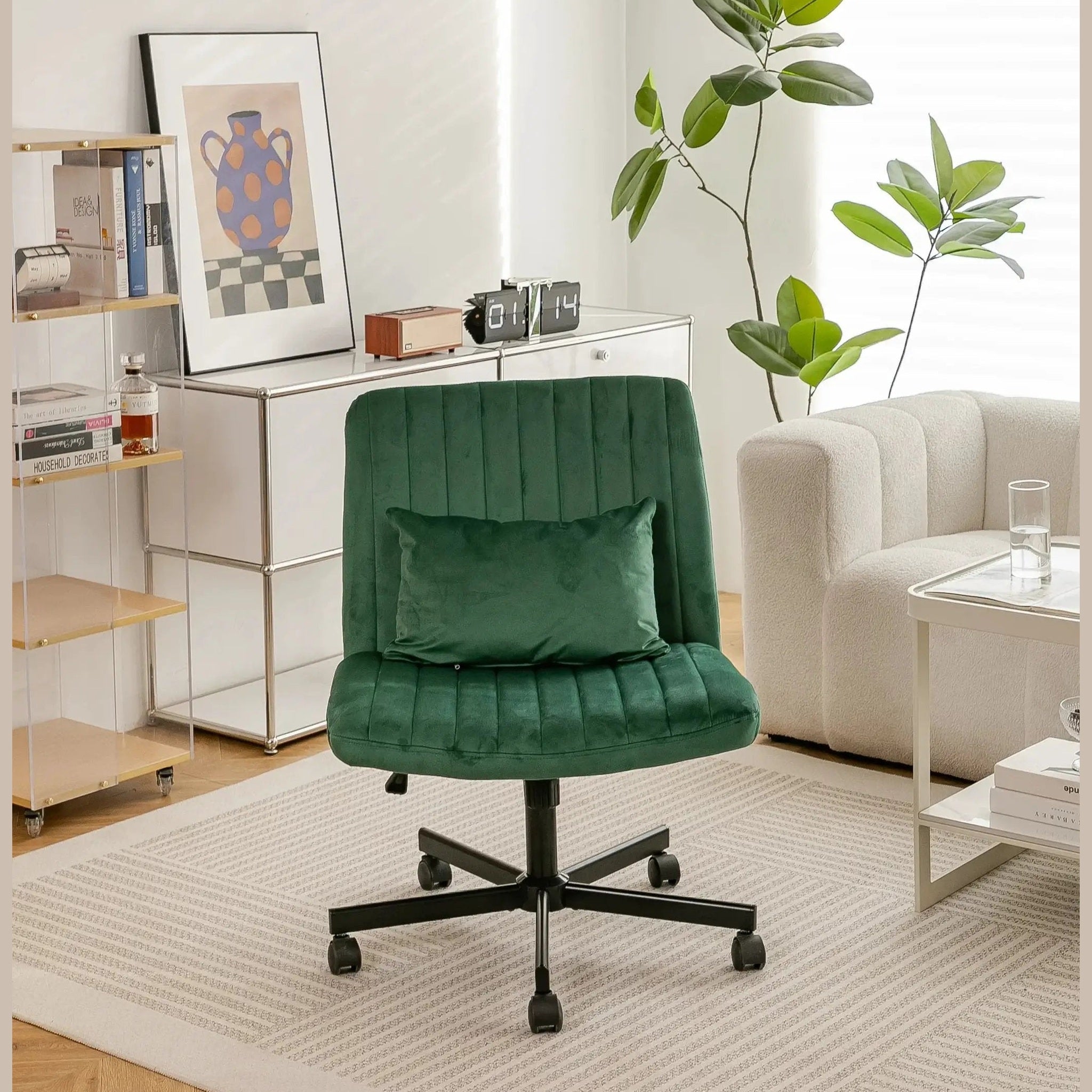 Green velvet criss-cross armless office chair with wheels, ergonomic design by Platinum-Level Office Chairs.
