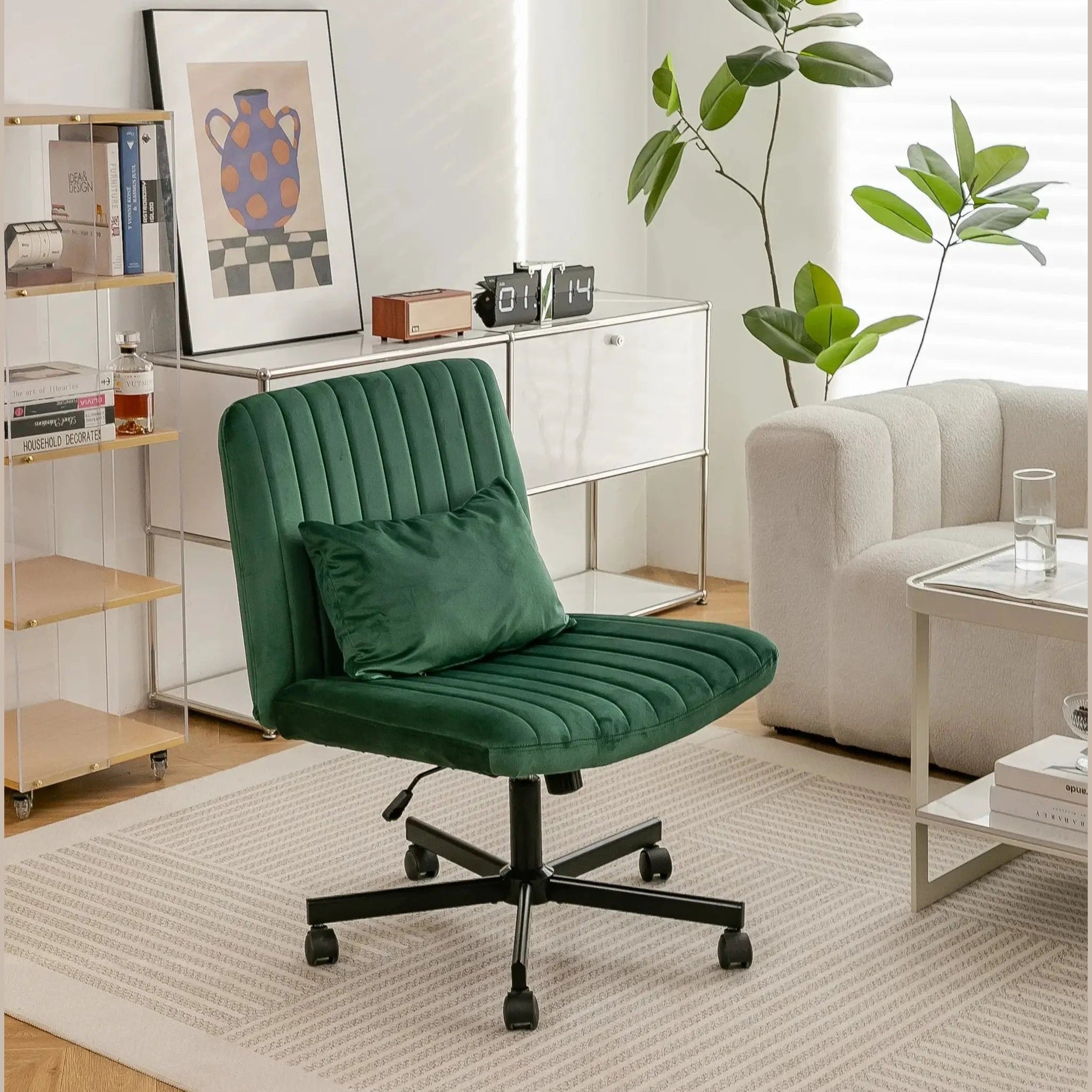 Green velvet criss-cross armless office chair by Platinum-Level Office Chairs with wheels and ergonomic design.