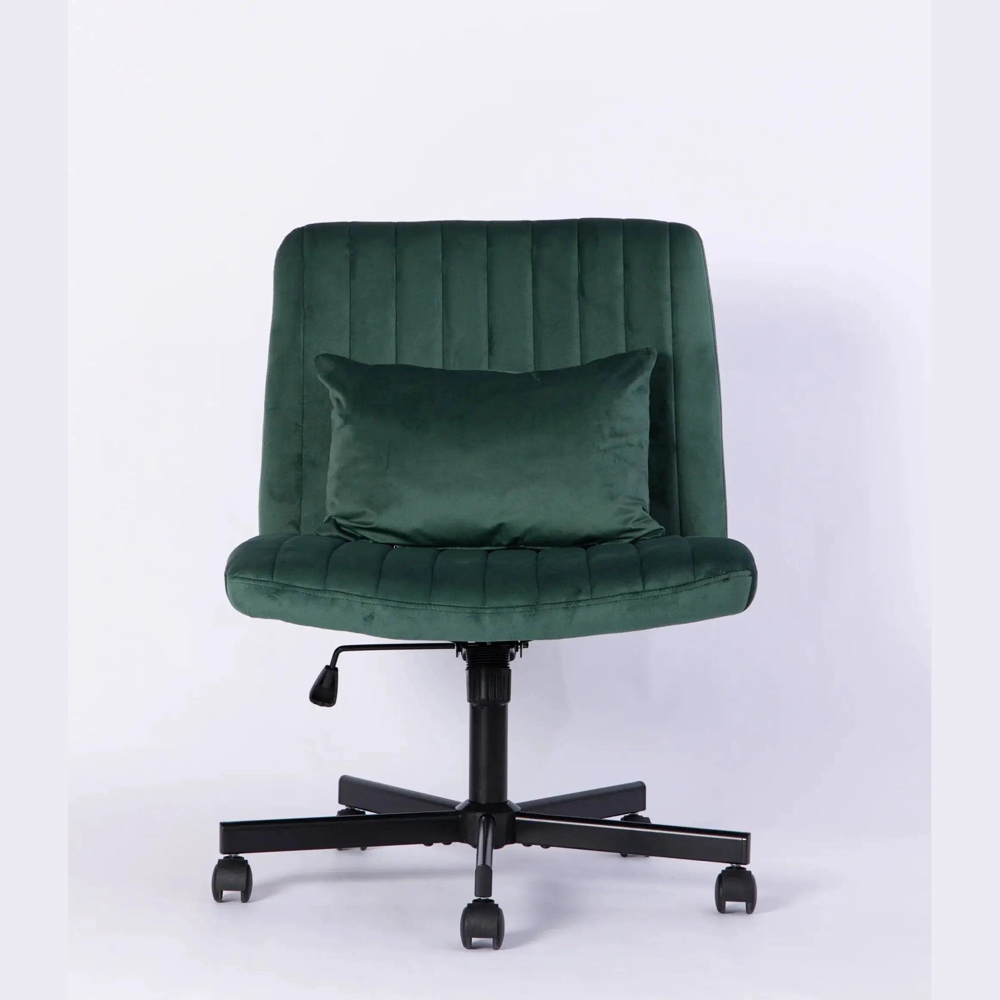 Green velvet criss-cross armless office chair with wheels, ergonomic design by Platinum-Level Office Chairs.