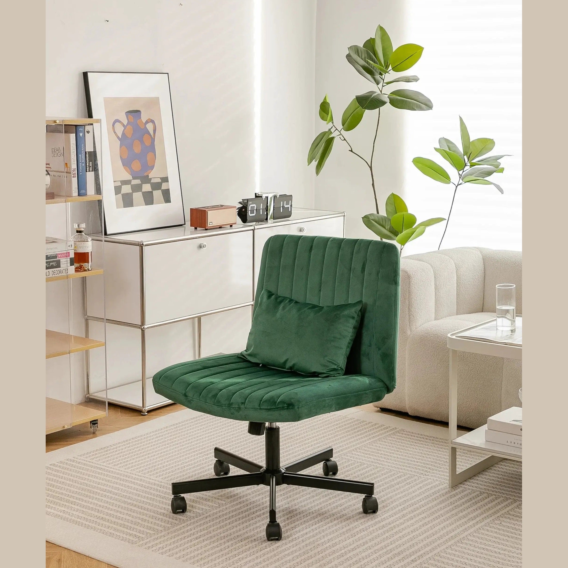 Green velvet criss-cross armless office chair by Platinum-Level Office Chairs with wheels and ergonomic design.