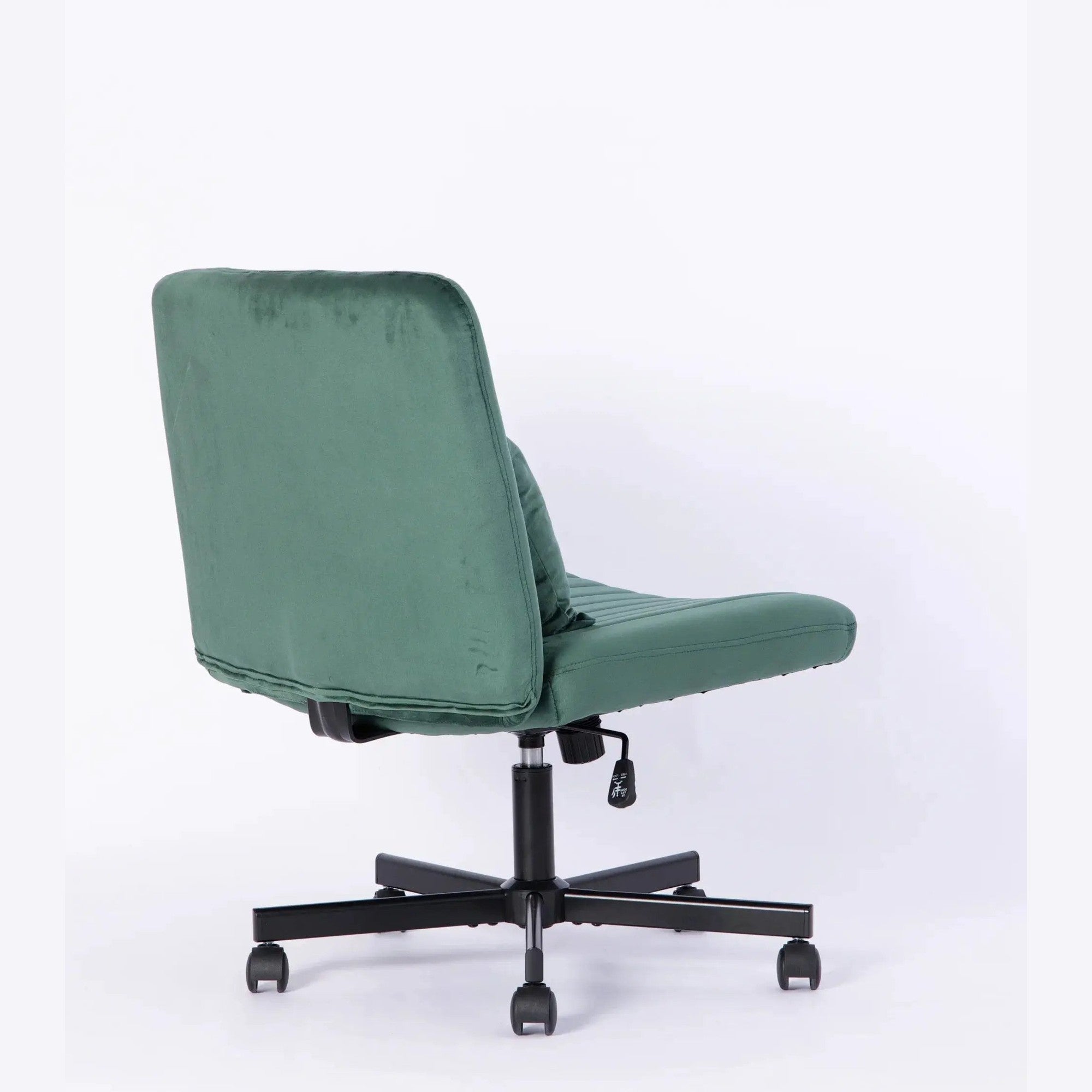 Green velvet criss-cross armless office chair with wheels, ergonomic design by Platinum-Level Office Chairs.