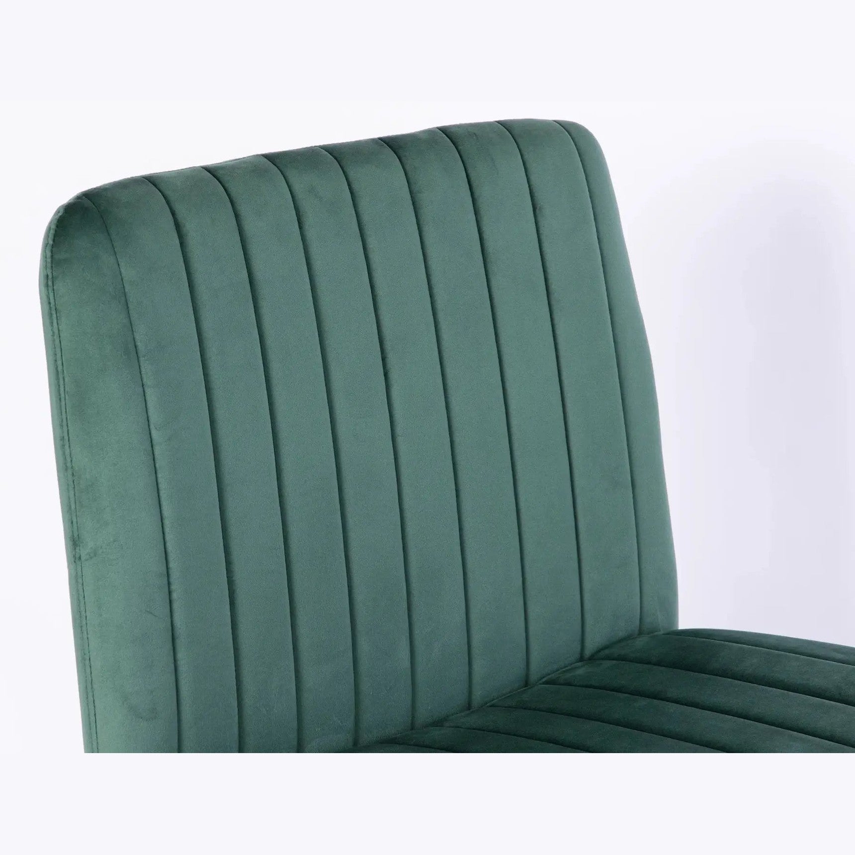Green velvet armless office chair with criss-cross design, wheels, and ergonomic support by Platinum-Level Office Chairs.