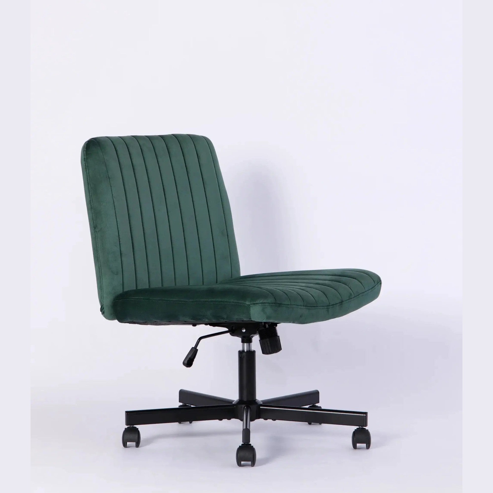 Green velvet office chair by Platinum-Level Office Chairs with criss-cross design, armless, ergonomic, and wheeled for mobility.