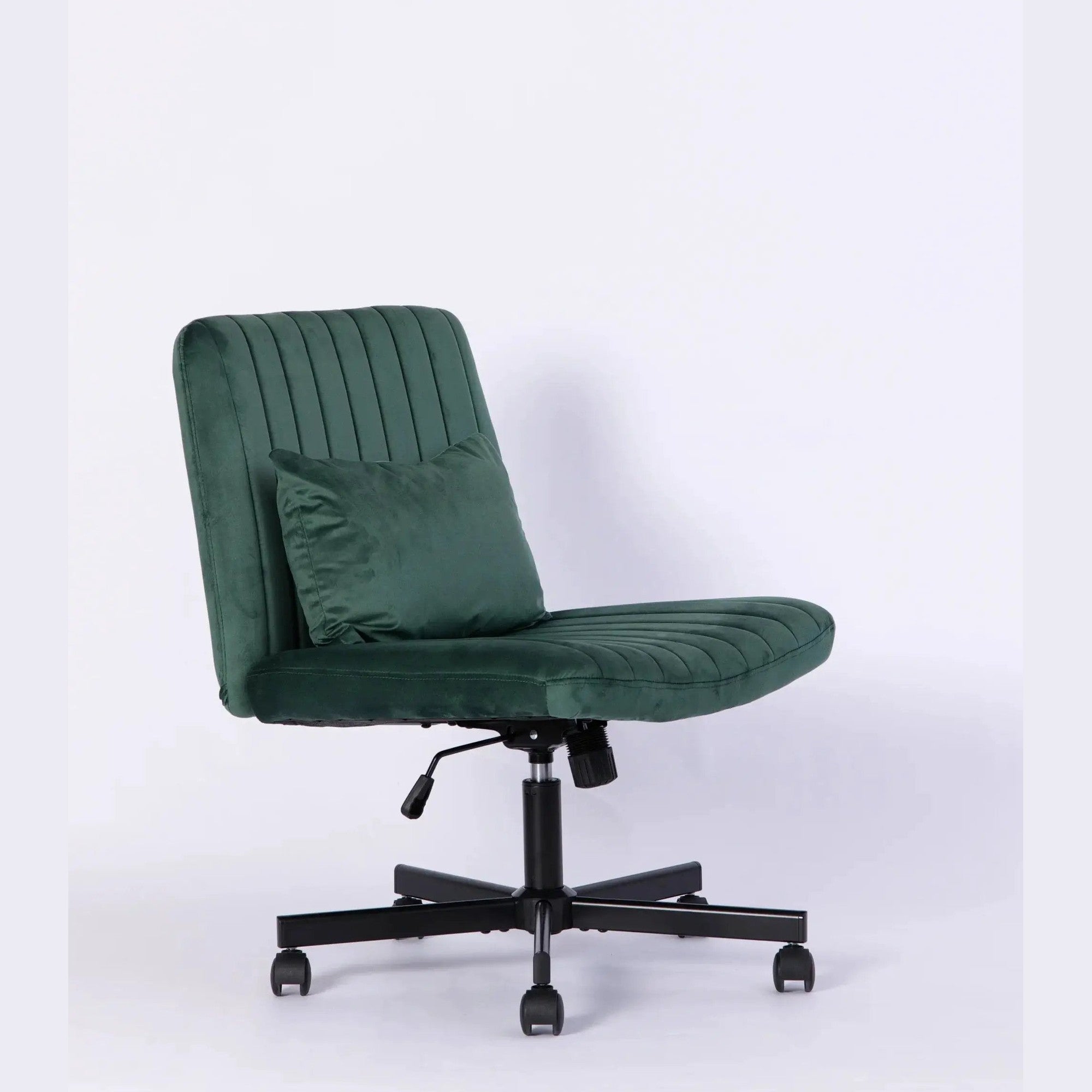 Green velvet ergonomic office chair with criss-cross design, armless, wheels, and modern style from Platinum-Level Office Chairs.