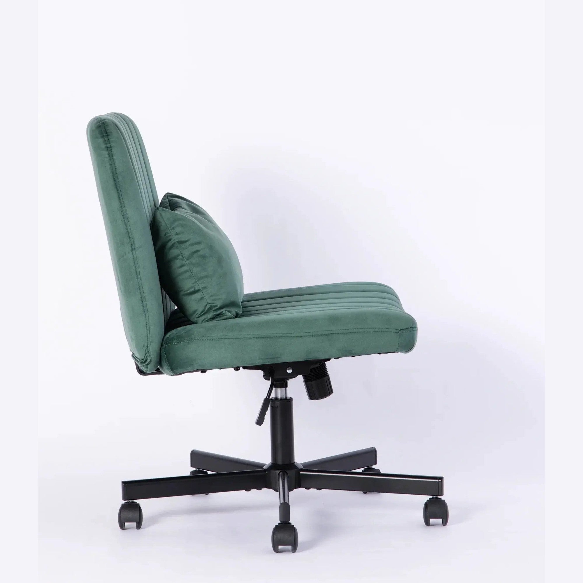 Green velvet armless office chair by Platinum-Level Office Chairs with criss-cross design, wheels, and ergonomic support.