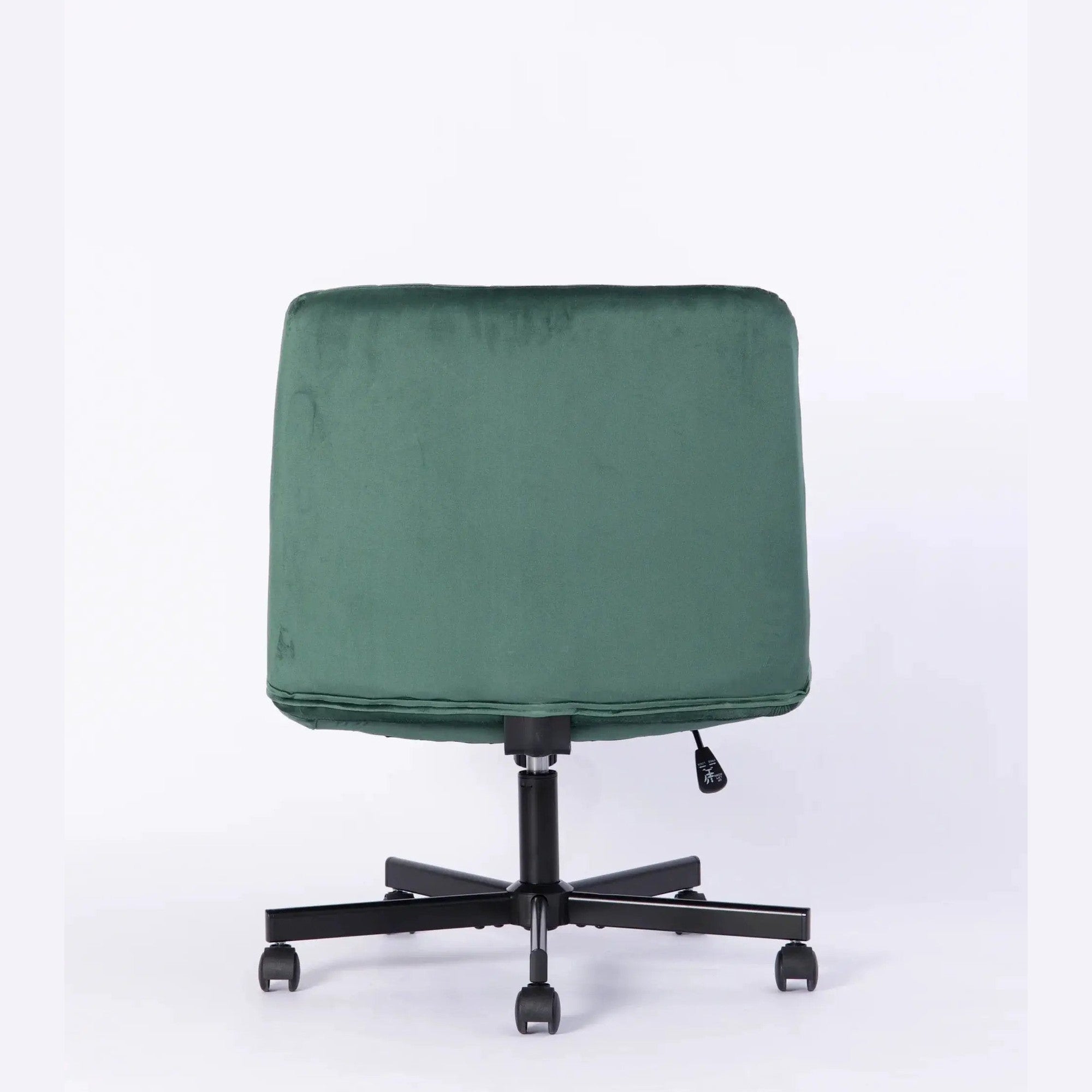 Green velvet armless office chair with criss-cross design, wheels, and ergonomic support by Platinum-Level Office Chairs.