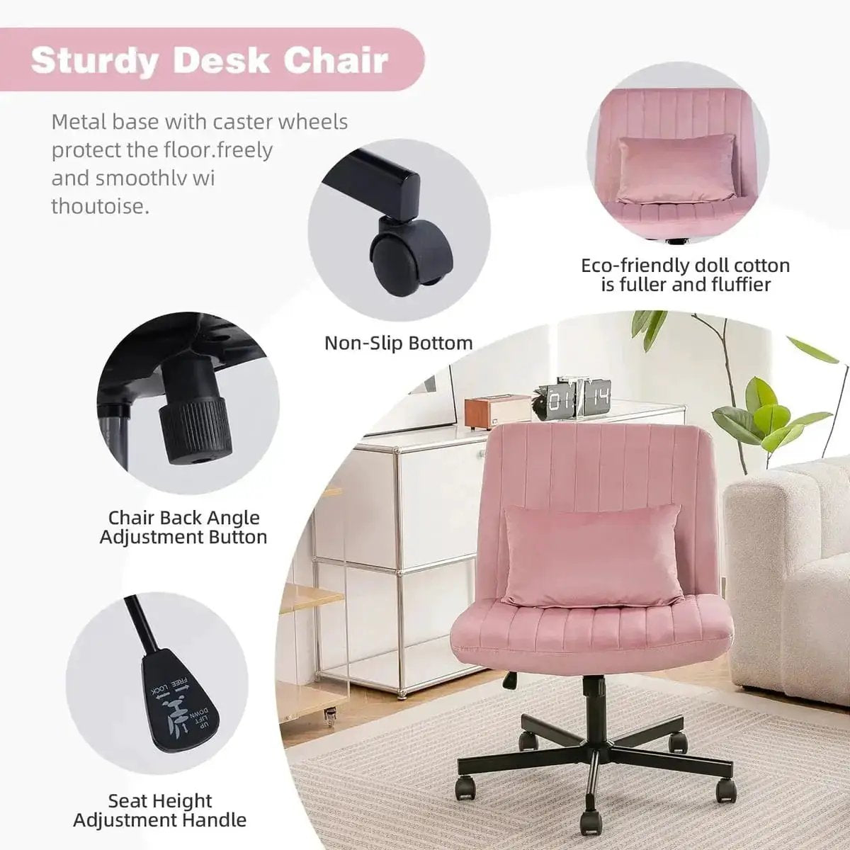 Light Pink Velvet Armless Office Chair, Criss Cross Tufted Swivel Ergonomic Desk Chair with Wheels & Adjustable Height - Platinum-Level Office Chairs