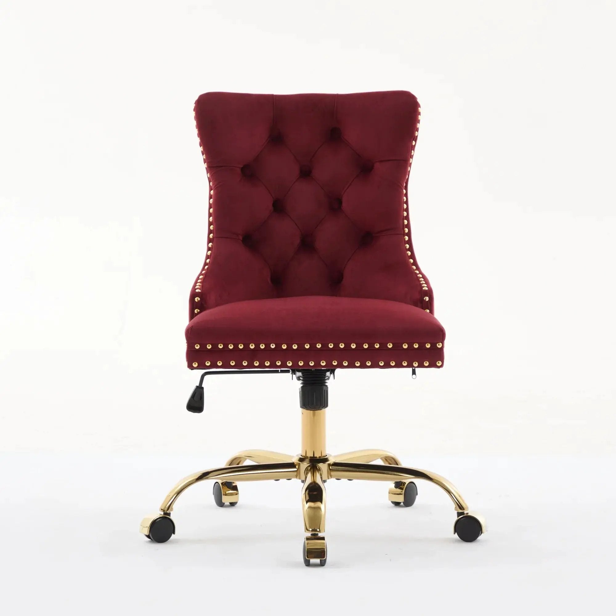 Wine red velvet swivel office chair with tufted design, gold base, and nailhead trim from Platinum-Level Office Chairs.