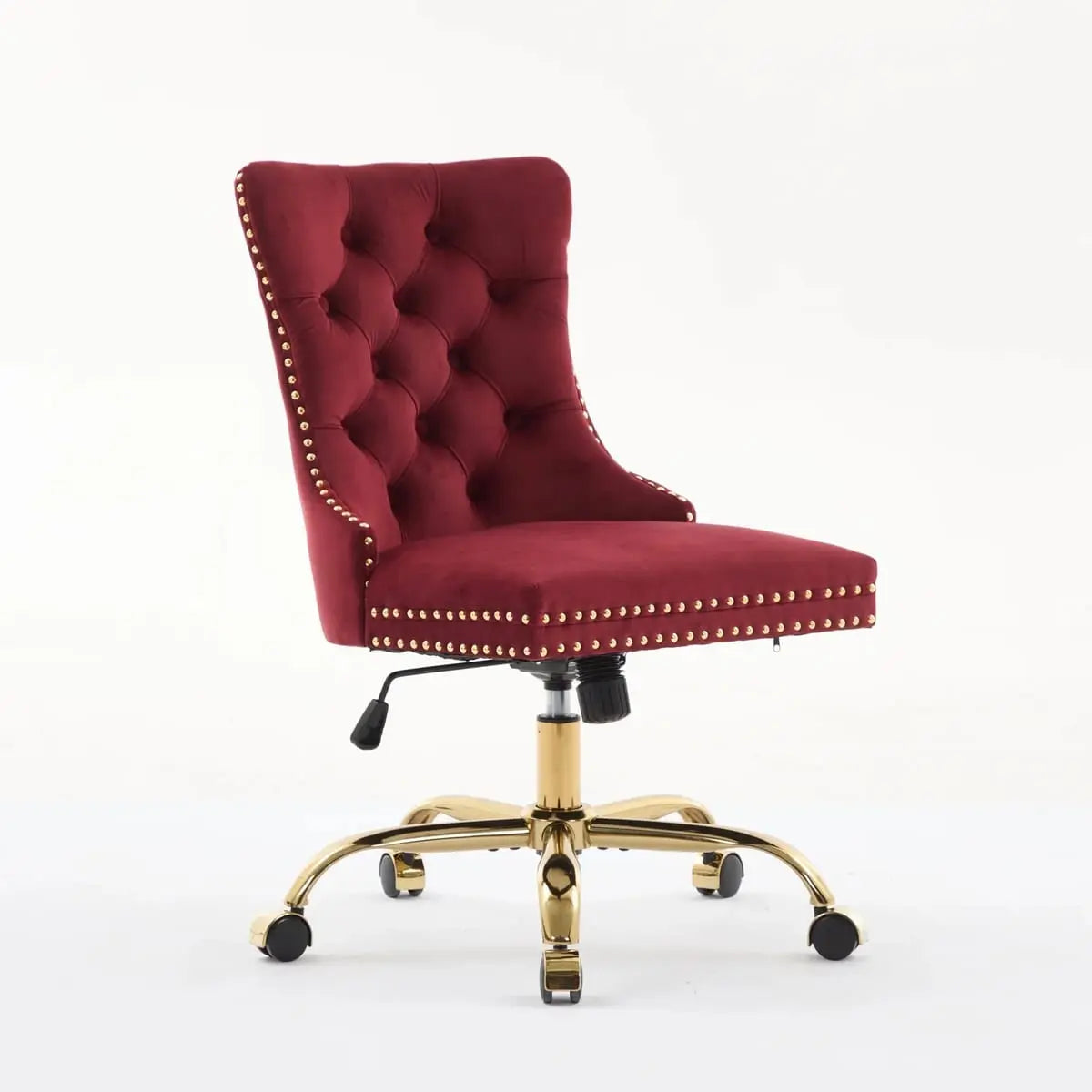 Wine Red Velvet Tufted Office Chair with Gold Swivel Base and American Design Elegance - Platinum-Level Office Chairs