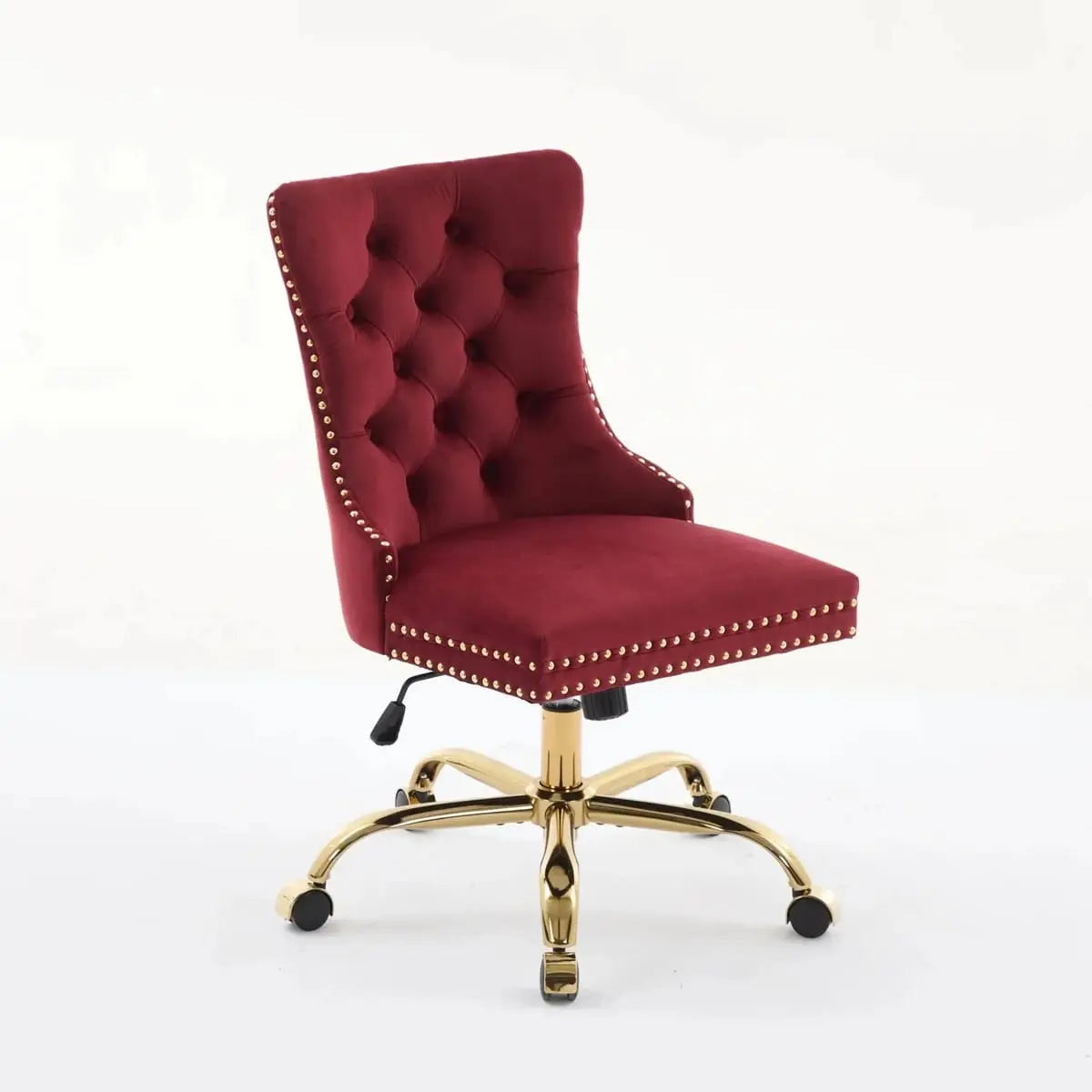 Wine Red Velvet Tufted Office Chair with Gold Swivel Base and American Design Elegance - Platinum-Level Office Chairs