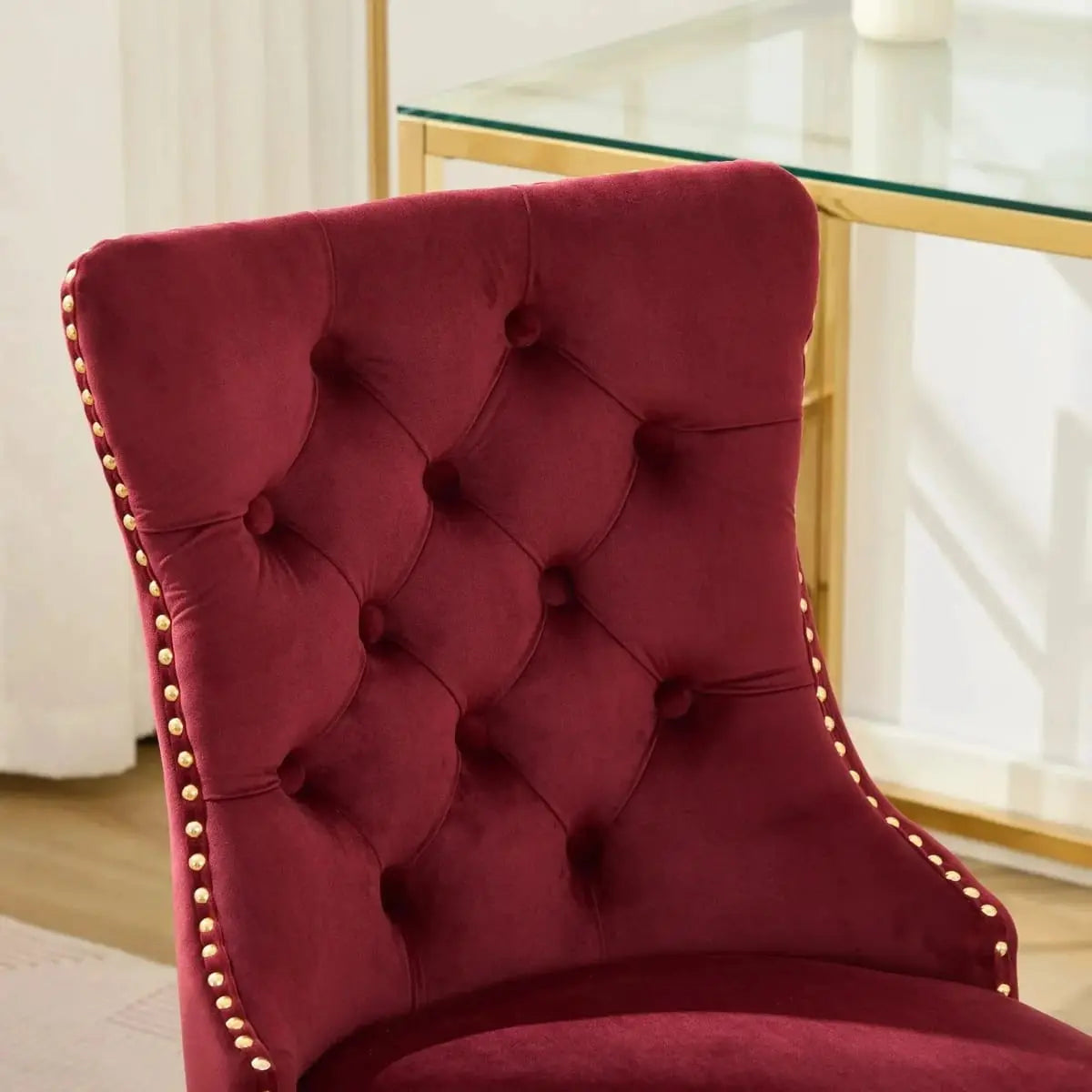 Wine Red Velvet Tufted Office Chair with Gold Swivel Base and American Design Elegance - Platinum-Level Office Chairs