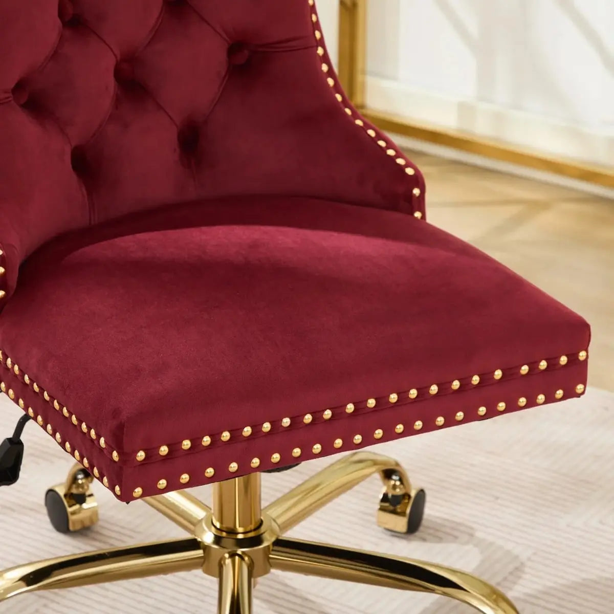Wine Red Velvet Tufted Office Chair with Gold Swivel Base and American Design Elegance - Platinum-Level Office Chairs