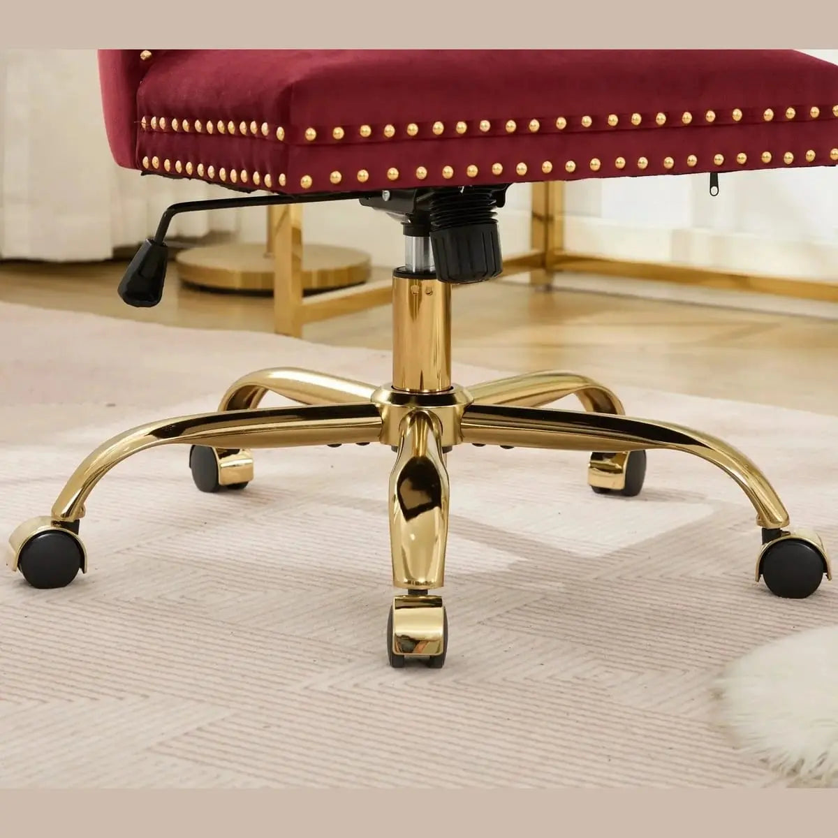 Wine Red Velvet Tufted Office Chair with Gold Swivel Base and American Design Elegance - Platinum-Level Office Chairs